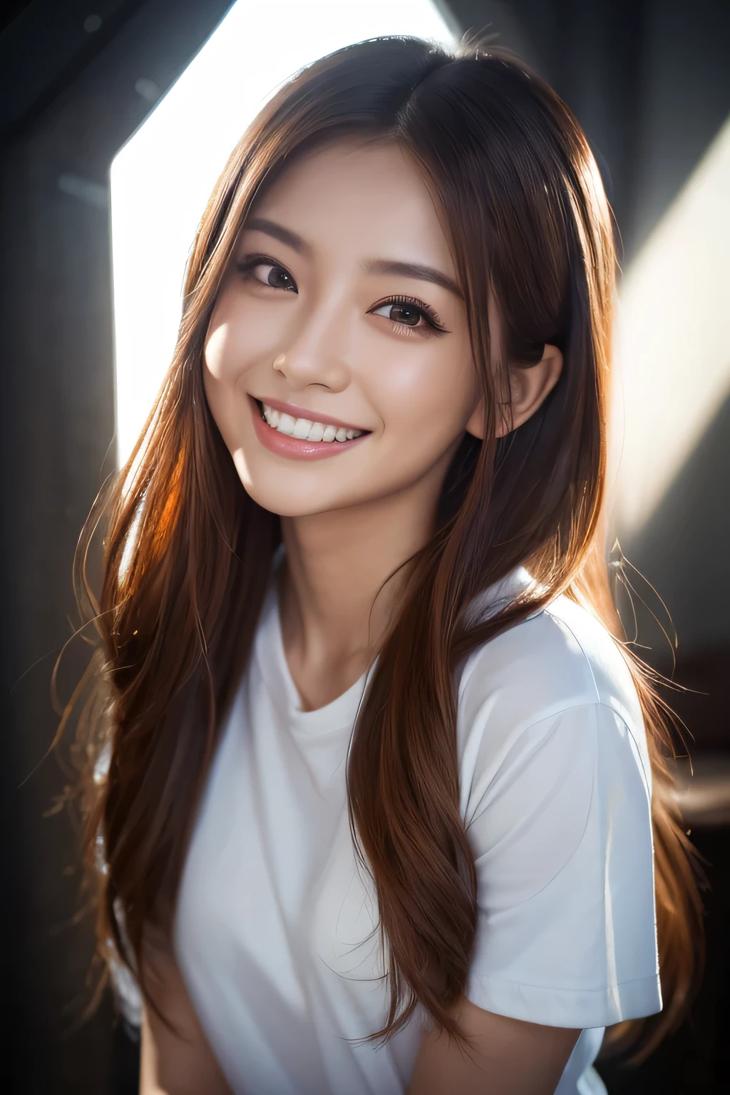 Highest quality、8k、32K、Masseter muscle area、Hmph:1.3)、Cute Japanese Girl、1 girl、Long Hair、profile、(Get six-pack、Slim figure:1.2)、(lips) 、Smiling with teeth showing,（Orange Hair）、double eyelid、Glowing Skin、Realistic light rays、big、Beautiful Face、(Laughter:1.3)、Squat、(From above、Close-up of face:1.2)、(close:1.4)、Coastal、White T-shirt、Blurred Background、(Front Focus)、(dark: 1.6)、Fantasy art、Photorealistic、Professional Lighting、Highly detailed face、Award-winning、Deep Shadow、((Ultra-realistic raw photos)),Beautiful Eyes,Lifelike eyes,Thin Hair,