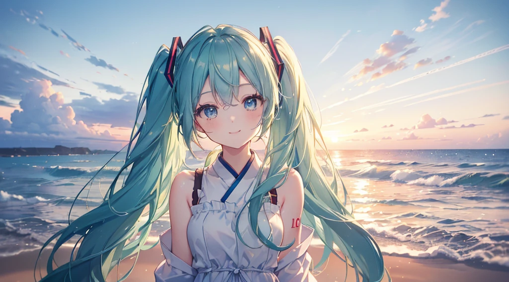 (((Highest quality、masterpiece、Ultra-fine、Ultra-fine、UP,Green Hair,Exquisite、16K、Look up,The best smile,Full HD、,Hatsune Miku,))),( ((summer,White casual clothes,)))Blue Eyes、Long eyelashes、White skin、(Pale pink lips、Pale pink cheeks、thin and long)、 (((Cute clothes,The best smile)), ((One person)) 、(blue sky)) 、 (The golden sunset on the beach, a beautiful gradation that colors the sky)、