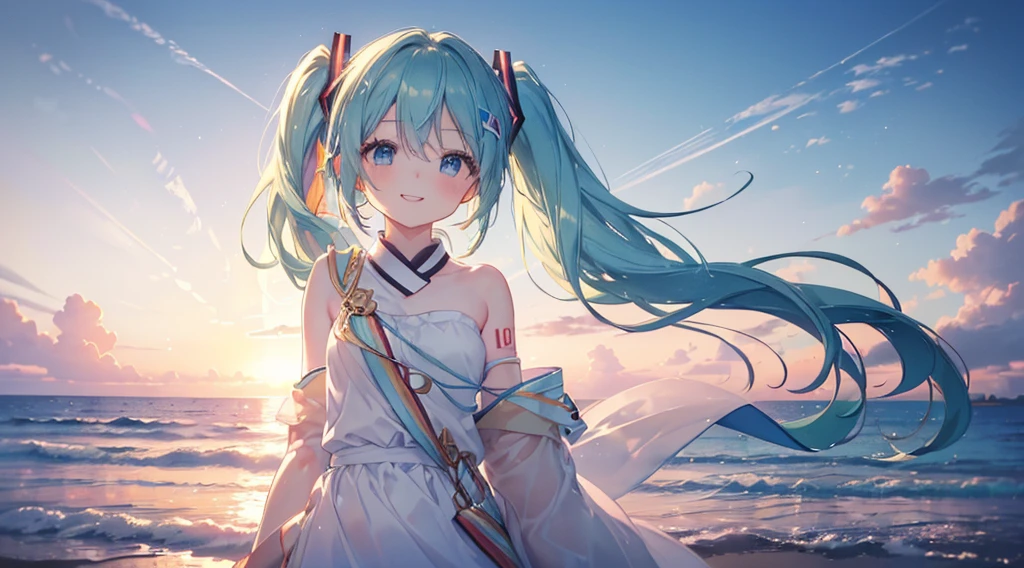 (((Highest quality、masterpiece、Ultra-fine、Ultra-fine、UP,Green Hair,Exquisite、16K、Look up,The best smile,Full HD、,Hatsune Miku,))),( ((summer,White casual clothes,)))Blue Eyes、Long eyelashes、White skin、(Pale pink lips、Pale pink cheeks、thin and long)、 (((Cute clothes,The best smile)), ((One person)) 、(blue sky)) 、 (The golden sunset on the beach, a beautiful gradation that colors the sky)、