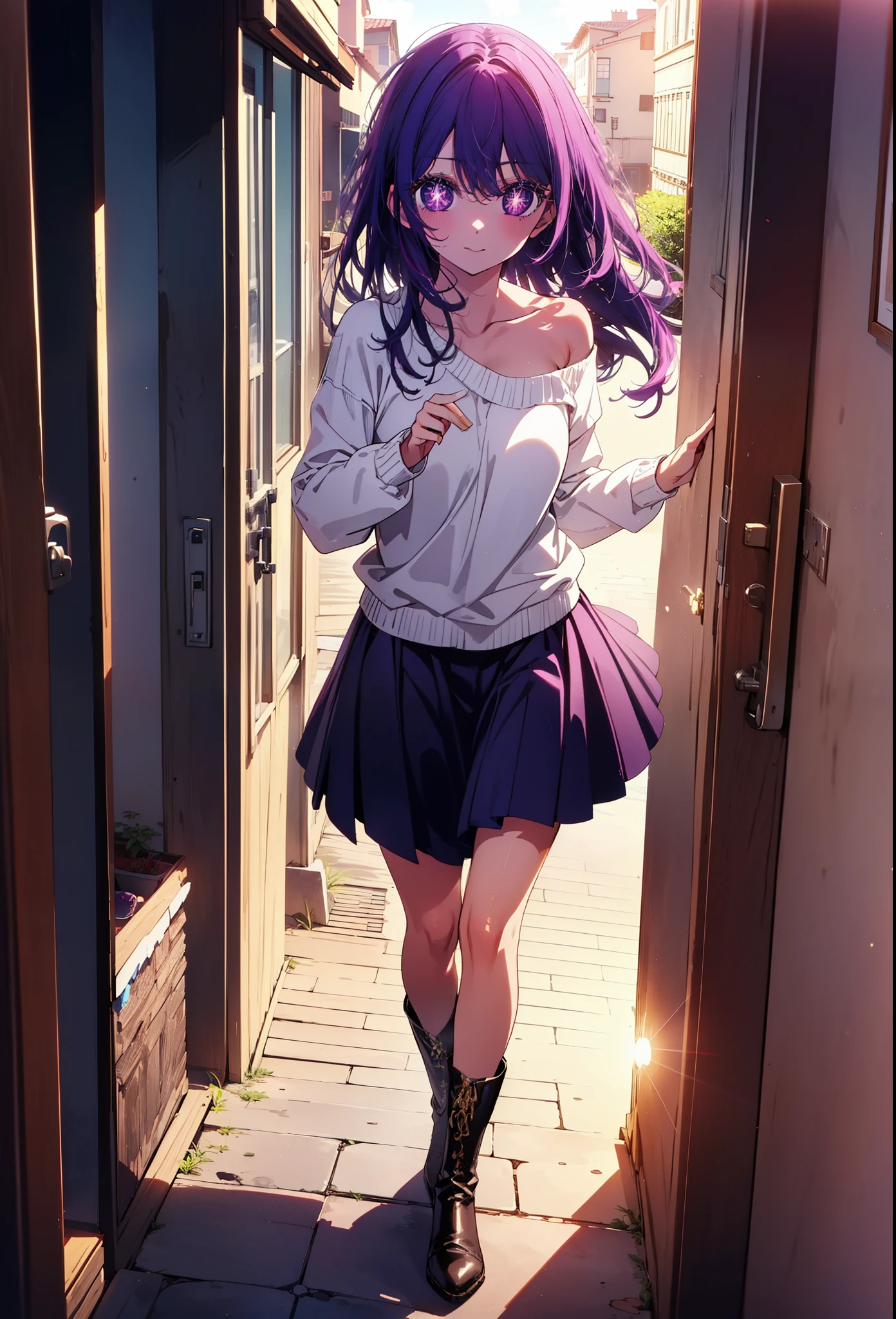 aihoshino, Ai Hoshino, Long Hair, bangs, (Purple eyes:1.1), Purple Hair, (Symbol-shaped pupil:1.5), smile,One-shoulder sweater,Long skirt,short boots,Walking,Daytime,Clear skies,whole bodyがイラストに入るように,
break outdoors, Building district,
break looking at viewer, whole body,
break (masterpiece:1.2), Highest quality, High resolution, unity 8k wallpaper, (figure:0.8), (Beautiful attention to detail:1.6), Highly detailed face, Perfect lighting, Highly detailed CG, (Perfect hands, Perfect Anatomy),