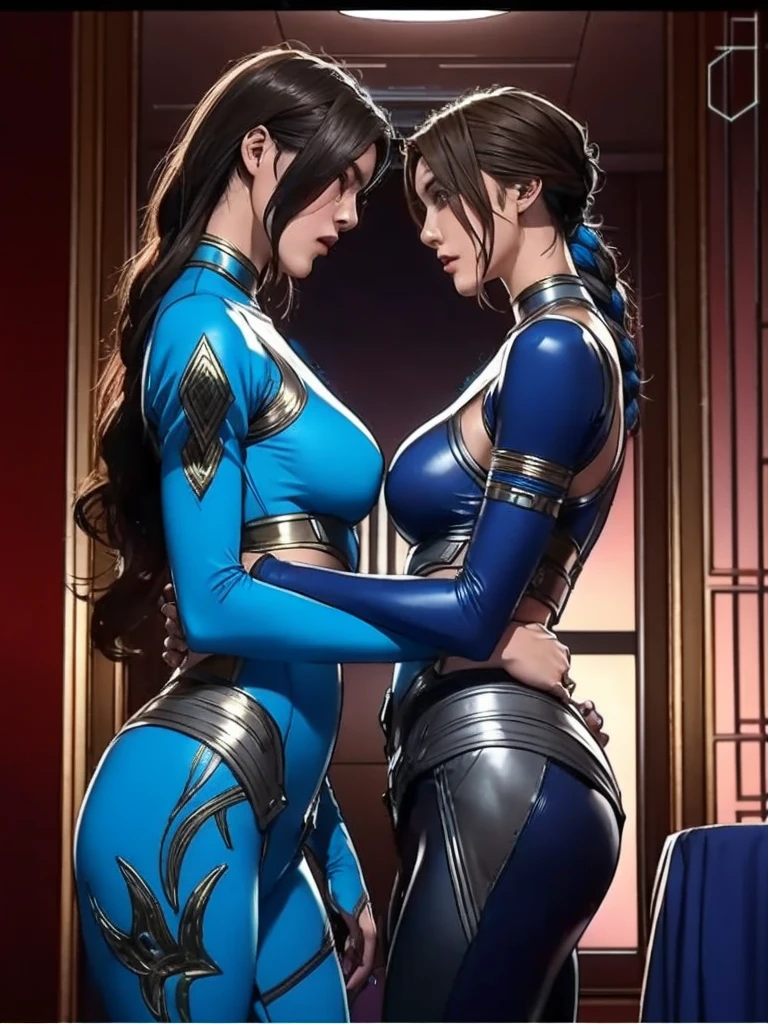 Two women in costumes are standing in a room, Ace Female Mechanic, Static Prometheus Frame, Blue body paint, Cyberpunk decorations, Aztec Empress, Movie details, security guard, Balcony scene, Solarpunk, By Leon Wichowkowski, Sisters, japanese cgi, Empress of Kazakhstan, Character close-up