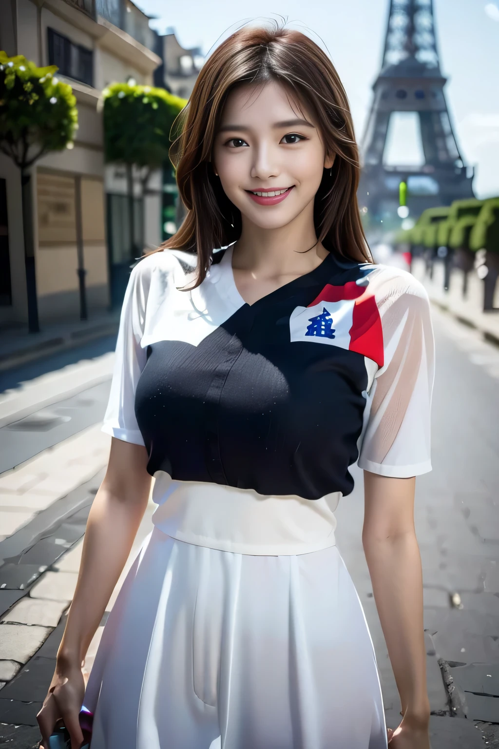 (((Dominican Republic flag-inspired outfit:1.3))),(),(((smile:1.3))),(((Women supporting the Paris Olympics:1.3))),(((International flags on the streets of Paris))),(((Eiffel Tower in the background))),(((The Seine in the background))),masterpiece,Highest quality,Ultra-high resolution output images,Write Boundary Depth,Intricate details,Add depth to your subject with contrast between light and shadow,Anatomically correct facial structure),(Picture Mode Ultra HD,)