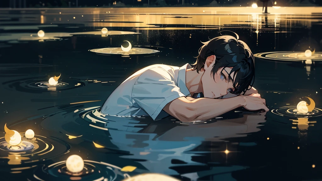 The moon reflected in the pool on a summer night。A fantastical scene with fireflies flying around in the moonlight。A handsome man with short black hair is gazing at the moon reflected in the water。