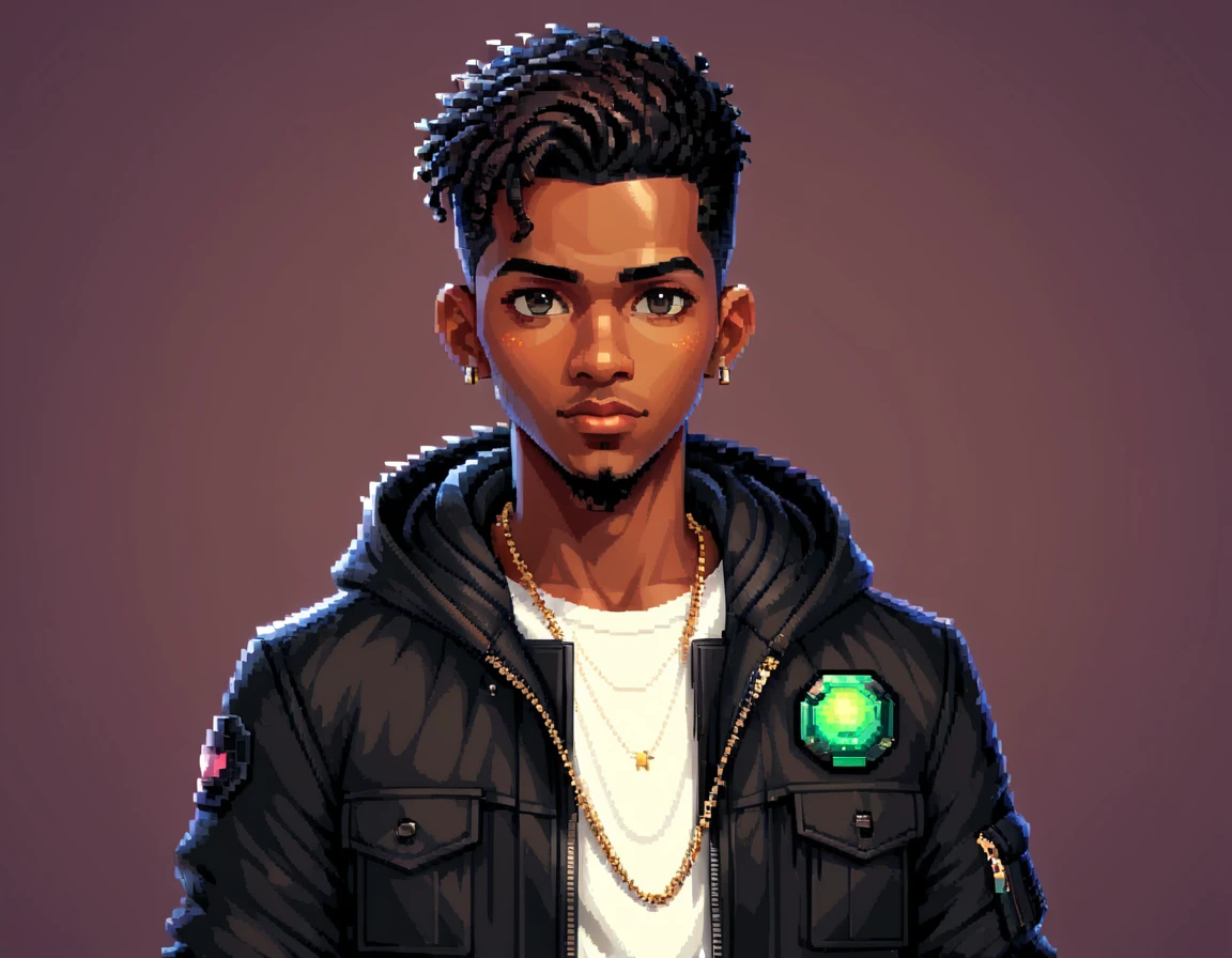 A stylish black boy in pixel art form, with a penetrating gaze and expressive eyes. He has sleek, modern hair styled in a fade. He's wearing fashionable clothes in neutral colors, such as a trendy jacket over a chic top and stylish pants, with details like zippers or patterns. He might be holding a cool accessory, like a small bag or a gadget, reflecting his stylish personality. The background should be simple and clean, with elements that refer to the Pixel Art universe, such as small pixel stars or geometric shapes, to avoid distracting from the main character. The size should be suitable for a profile icon (ideally square), with good resolution to maintain clarity at different display sizes.