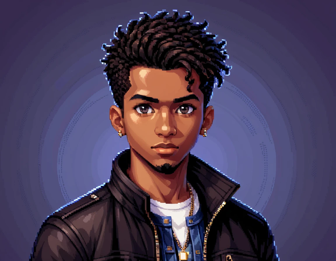 A stylish black boy in pixel art form, with a penetrating gaze and expressive eyes. He has sleek, modern hair styled in a fade. He's wearing fashionable clothes in neutral colors, such as a trendy jacket over a chic top and stylish pants, with details like zippers or patterns. He might be holding a cool accessory, like a small bag or a gadget, reflecting his stylish personality. The background should be simple and clean, with elements that refer to the Pixel Art universe, such as small pixel stars or geometric shapes, to avoid distracting from the main character. The size should be suitable for a profile icon (ideally square), with good resolution to maintain clarity at different display sizes.