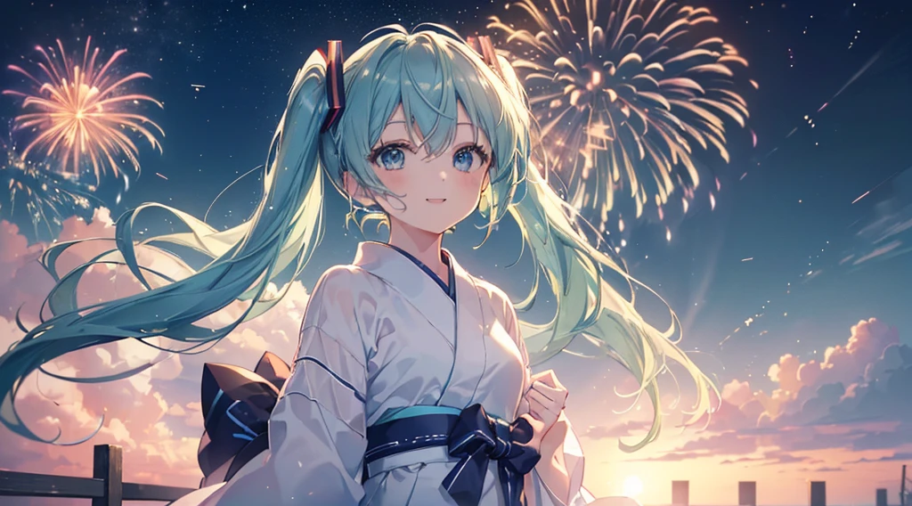 (((Highest quality、masterpiece、Ultra-fine、Ultra-fine、UP,Green Hair,Exquisite、16K、Look up,The best smile,Full HD、,Hatsune Miku,))),( ((summer,White casual clothes,)))Blue Eyes、Long eyelashes、White skin、(Pale pink lips、Pale pink cheeks、thin and long)、 (((Cute clothes,The best smile)), ((One person)) 、(blue sky)) 、 (Walking in a yukata at dusk, the moment when fireworks bloom in the night sky)、

