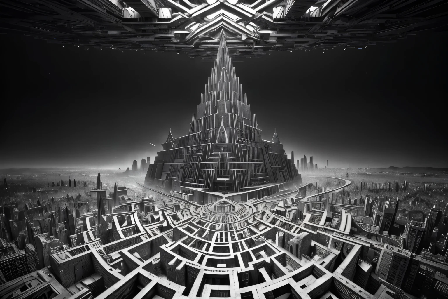 ((best quality)), ((masterpiece)), (detailed), (best quality,4k,8k,highres,masterpiece:1.2),ultra-detailed,(realistic,photorealistic,photo-realistic:1.37),complex intricate architectural structures,Escher style building,surreal urban cityscape,impossible geometry,gravity-defying architecture,abstract pattern complexity,striking visual illusion,mesmerizing maze-like design,dreamlike architectural elements,intricate three-dimensional tessellations,optical illusion buildings,incredible depth perception,hypnotizing architectural labyrinth,surreal and mind-bending cityscape,intricately intertwined structures, black and white, grey scale