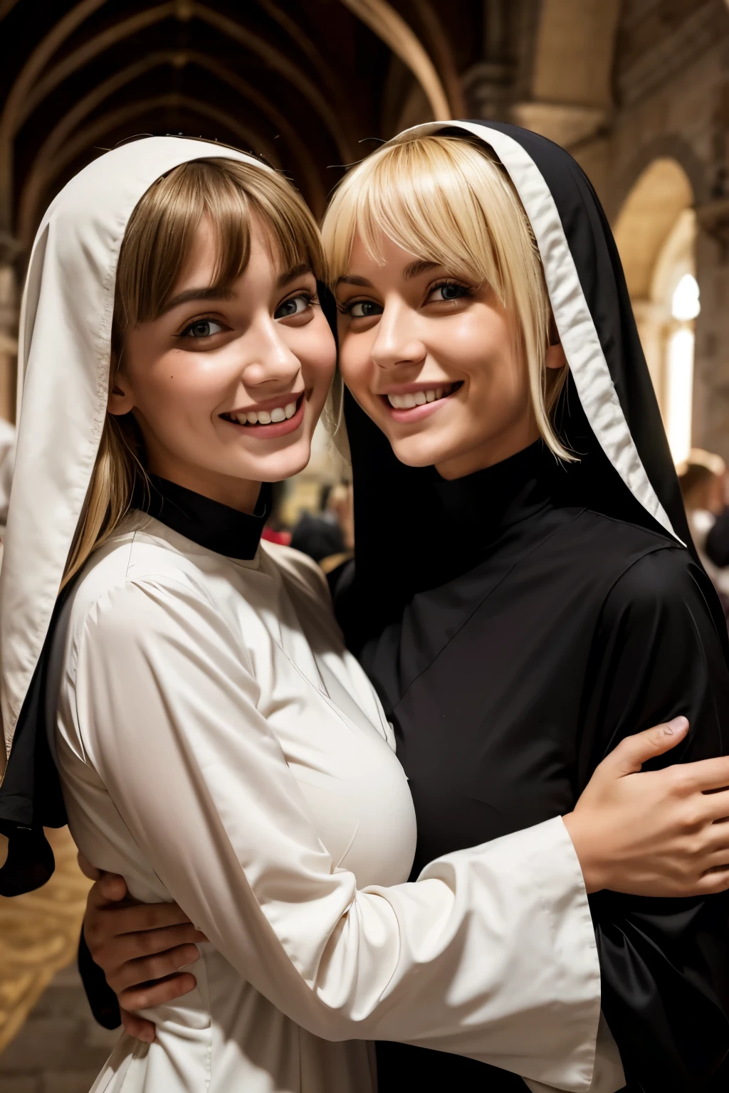 Two beautiful Italian girls、Blonde Hair、With bangs、Green Eyes、Smiling with teeth showing、Beautiful breasts、Slim body、Monastic uniform、Nuns、They are hugging each other、In the church