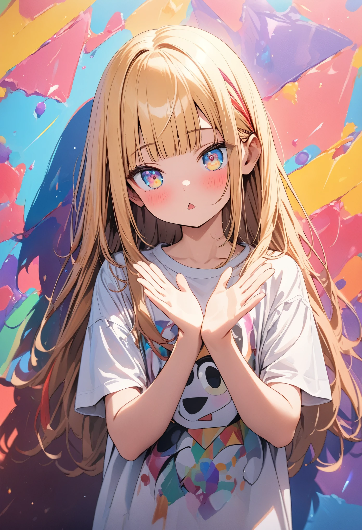 ((Masterpiece)), ((best quality)), (super detail:1.2), (High Definition:1.3), ((extremely detailed)), (8K), (Professional Photography:1.2), (very aesthetic:1.2), (absurdres:1.2), (sharp focus), (perfect light), (drop shadow), (()), cute young Girl, Glossy straight hair, (loose blunt bangs), blonde hair with red, ((red streaked hair)), highlights hair, ((jitome)), (glitter eyes), long hair, big eyes, colorful eyes, (Beautiful Jewel eyes), blush, ((triangle mouth)), cute cheeks, glossy lips, BREAK, ((best quality)), ribbon belt, (Oversized loose thin T-shirt), bare arms, ((shrugging pose)), (colorful), cute makeup, ((against the Colorful pastel wall)), cute, (Beautiful psychedelic painting),