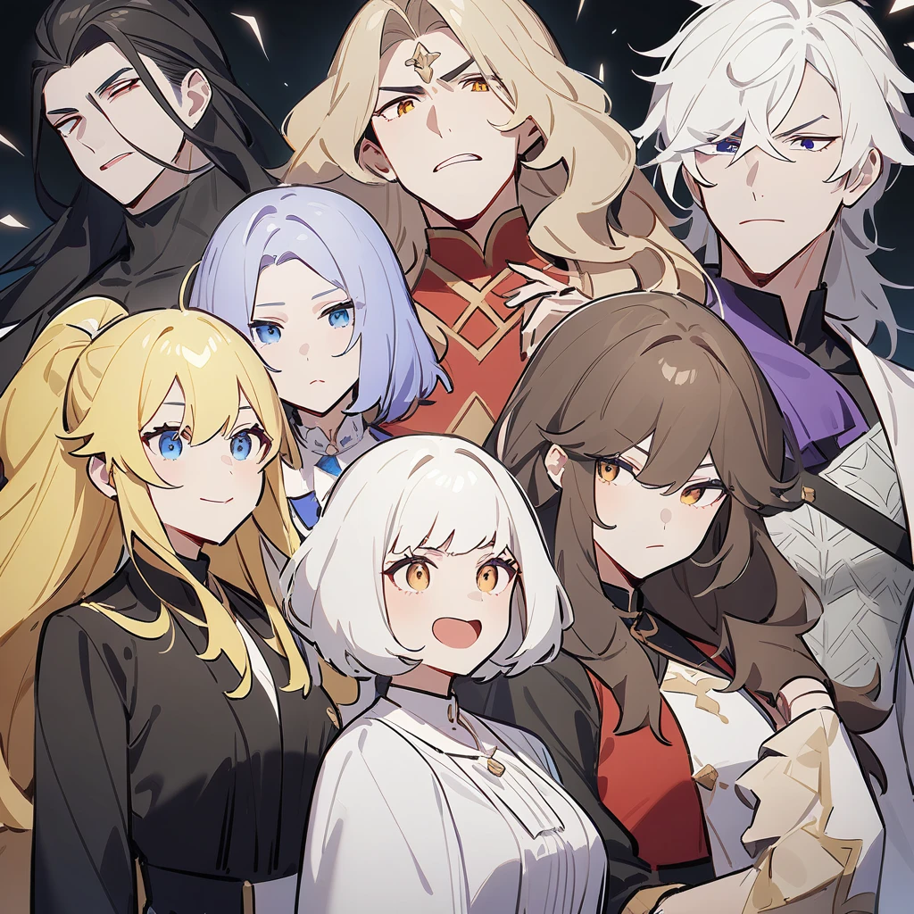 Four people,Two men and two women,number:1 handsome guy,2 sexy queen,3 cute boys,4 Huntress