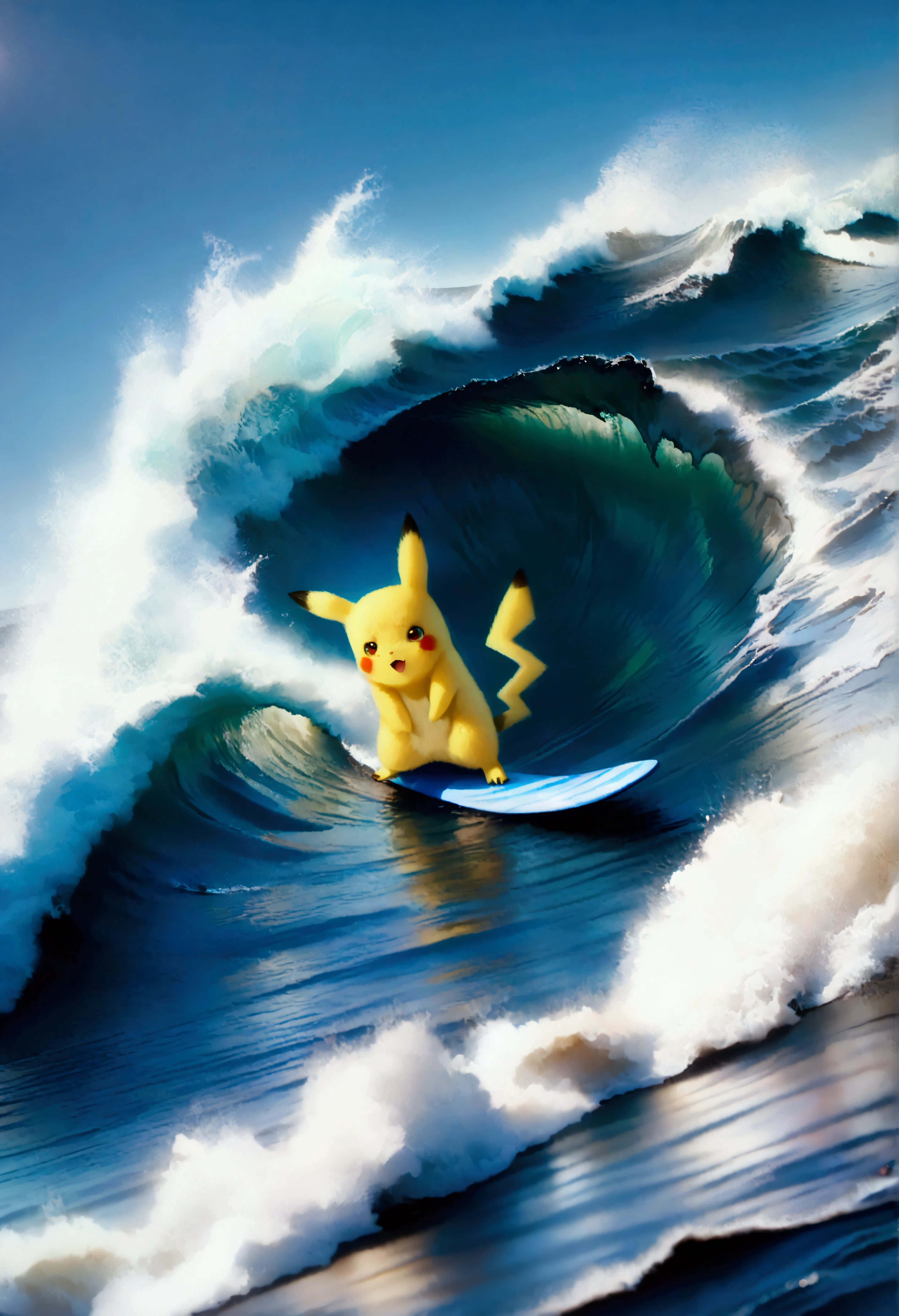 
(Surfing Pikachu:1.3),quality\(8k,wallpaper of extremely detailed CG unit, ​masterpiece,hight resolution,top-quality,top-quality real texture skin,hyper realisitic,increase the resolution,RAW photos,best qualtiy,highly detailed,the wallpaper,cinematic lighting,ray trace,golden ratio\), BREAK ,solo, 1boy\(Pikachu\(Pokémon, nintendo\),joy\) (surfing:1.5), BREAK ,background\((big wave\(rolling,beautiful,clear,(motion blur:0.5)\):1.5),beautiful sea\(whitecaps\),clean ocean,beautiful coral, beautiful fish,beautiful sky,beautiful sunlight,reflections,water splash,you can see the wind browing,\),(dynamic angle:1.4),anime style,(from above),(close-up of pikachu:1.2)