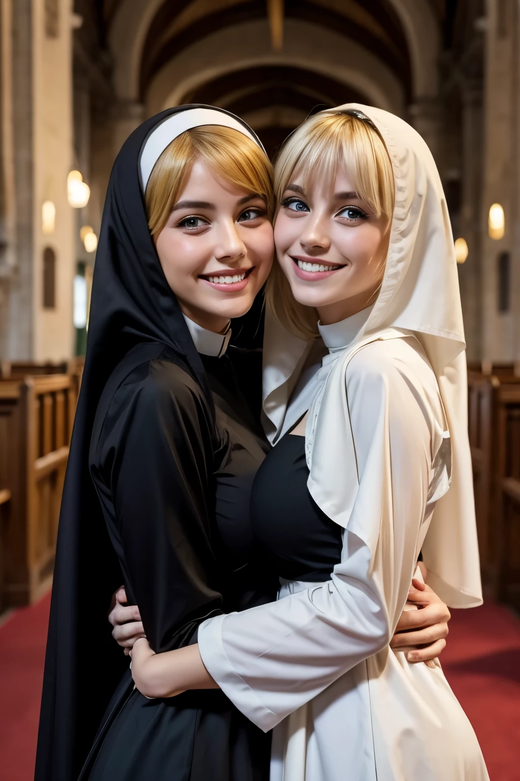 Two beautiful Italian girls、Blonde Hair、With bangs、Green Eyes、Smiling with teeth showing、Beautiful breasts、Slim body、Monastic uniform、Nuns、They are hugging each other、In the church