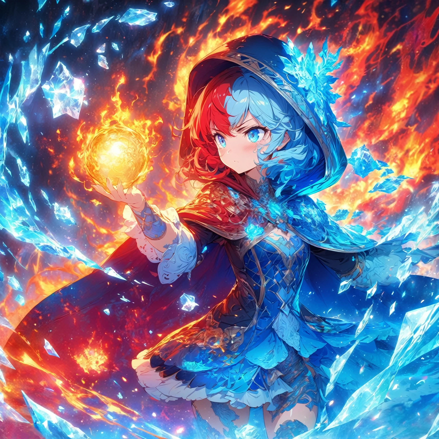 A girl with blue and red hair, wearing a dark hooded cloak with intricate golden patterns, holding a glowing orb of fire in her hand, (nude:0.9), NSFW, surrounded by swirling flames and ice crystals, dressed in a detailed outfit with blue and white accents, displaying a determined expression, standing against a dark background illuminated by the fiery and icy elements , detailed gorgeous face| anime style| key visual| intricate detail| highly detailed| breathtaking| vibrant| panoramic| cinematic| Carne Griffiths| Conrad Roset| gibbli 8k