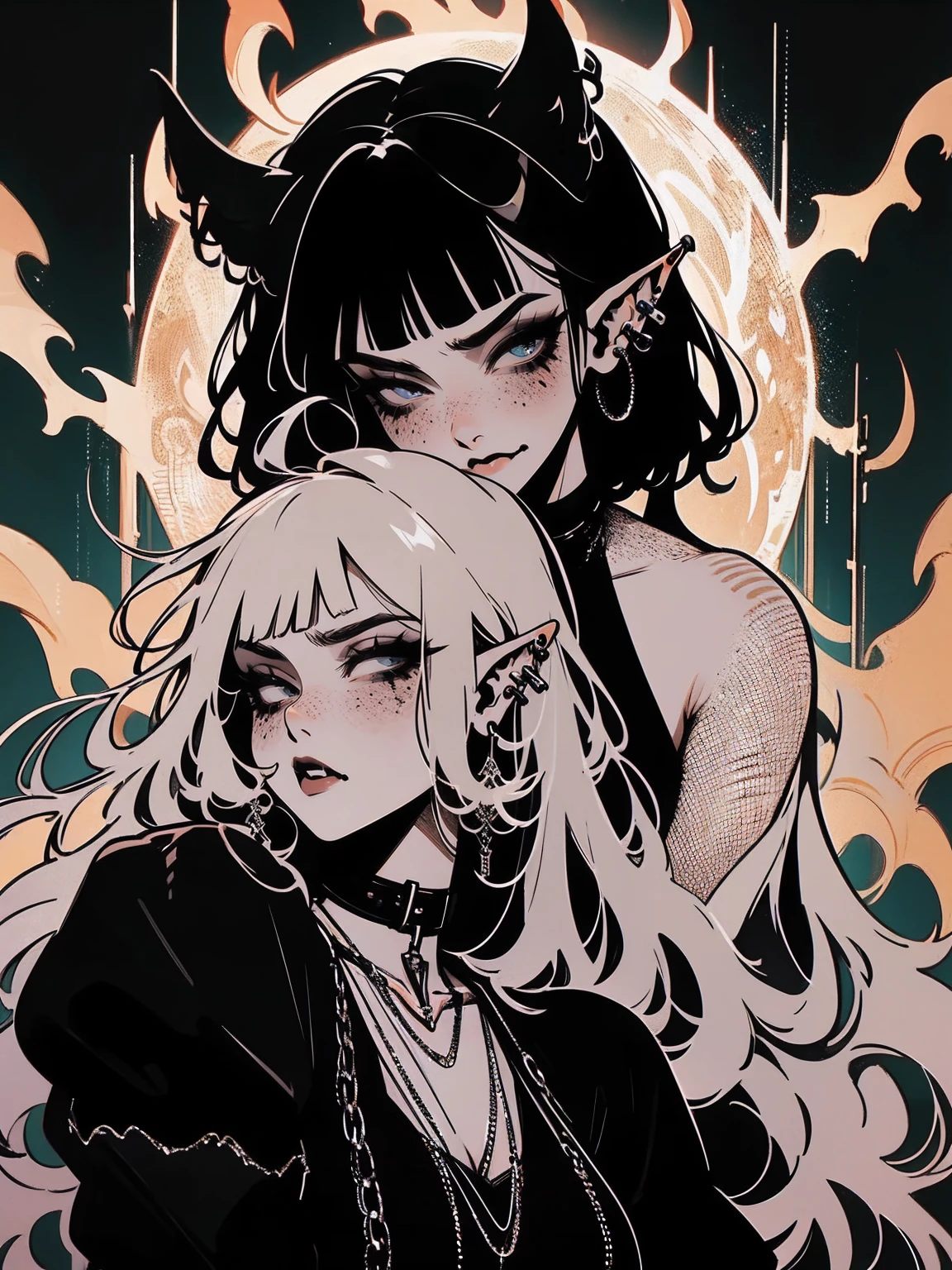 high détail, work of art, dramatic lighting(absurderes, high resolution, ultra detaild), extremely detailed 8k CG unit. mature face, adult Woman, Woman, mature Woman, elf, piercings, Short Wavy Black Hair and Bangs, (black hair), fangs, freckles, yellow eyes, modest black clothes, mad expression, whole body, backwards, looking back