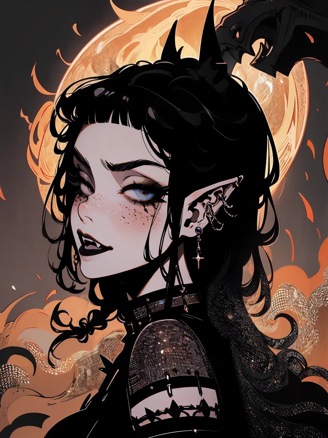 high détail, work of art, dramatic lighting(absurderes, high resolution, ultra detaild), extremely detailed 8k CG unit. mature face, adult Woman, Woman, mature Woman, elf, piercings, Short Wavy Black Hair and Bangs, (black hair), fangs, freckles, yellow eyes, modest black clothes, mad expression, whole body, backwards, looking back