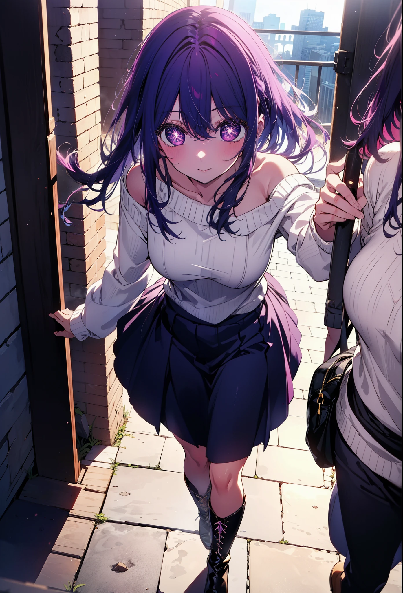 aihoshino, Ai Hoshino, Long Hair, bangs, (Purple eyes:1.1), Purple Hair, (Symbol-shaped pupil:1.5), smile,One-shoulder sweater,Long skirt,short boots,Walking,Daytime,Clear skies,whole bodyがイラストに入るように,
break outdoors, Building district,
break looking at viewer, whole body,
break (masterpiece:1.2), Highest quality, High resolution, unity 8k wallpaper, (figure:0.8), (Beautiful attention to detail:1.6), Highly detailed face, Perfect lighting, Highly detailed CG, (Perfect hands, Perfect Anatomy),