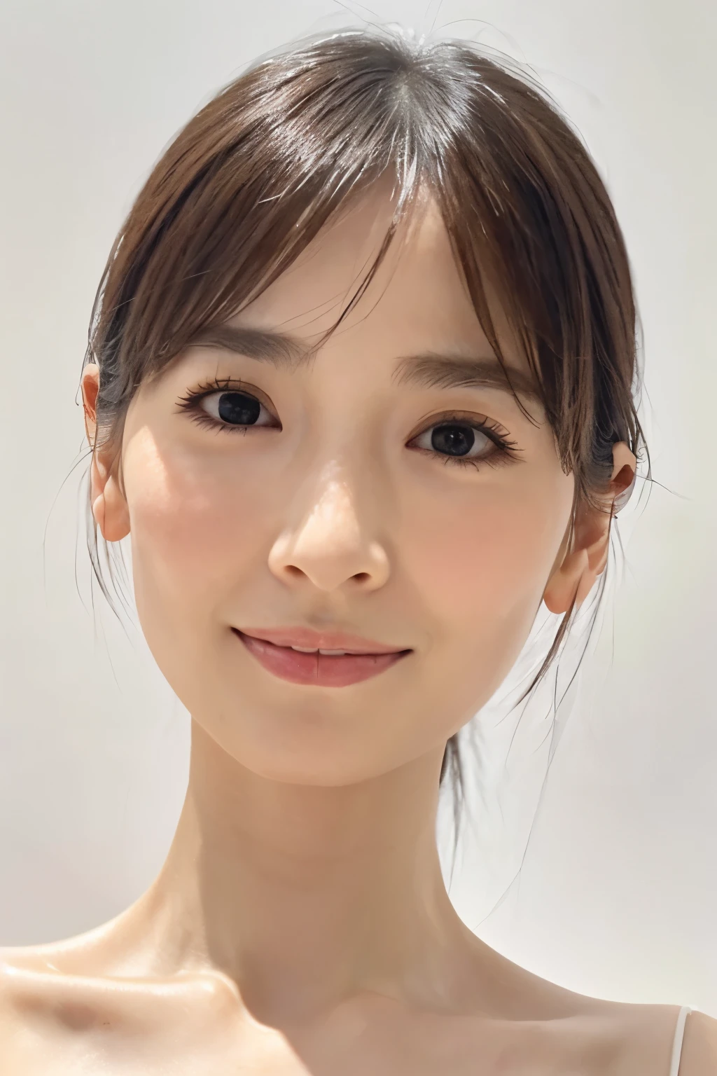 ((masterpiece, top quality, high definition)), 1 girl, (photorealistic: 1.4), solo, white background, snow-white background, mouth closed, happy smile, pretty black hair, short hair, big eyes, clear double eyelids, eyelashes, ears out, absolute area, ((face close-up)), (drawing all head, shoulders), 35 years old, Attractive proportions, glossy skin, clean collarbone, face in golden proportion, perfect face, teardrop mole, mole on chest, bangs, clean bangs, beautiful bangs, lip gloss, thin lips, pale skin, naked, small breasts, small face, head all drawn, shoulders all drawn, staring at the camera slightly upwards