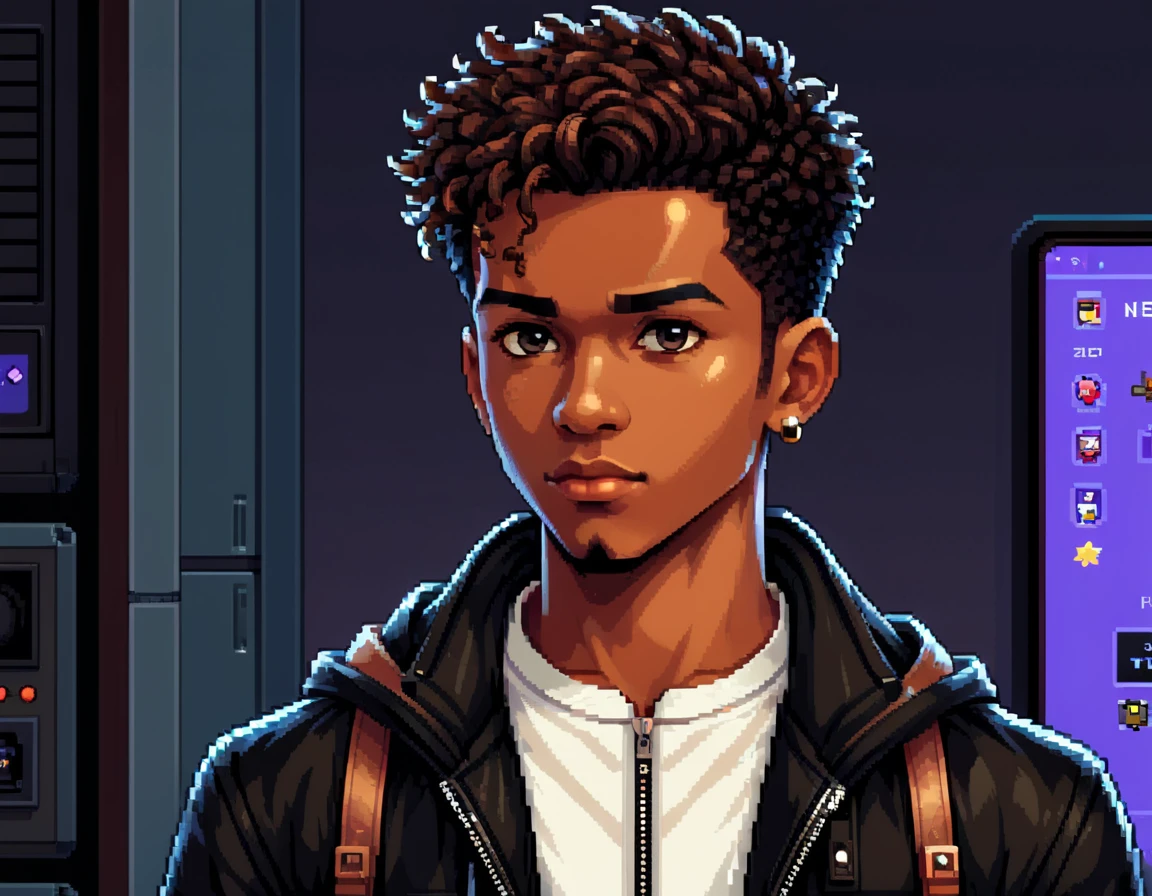 A stylish black boy in pixel art form, with a penetrating gaze and expressive eyes. He has sleek, modern hair styled in a fade. He's wearing fashionable clothes in neutral colors, such as a trendy jacket over a chic top and stylish pants, with details like zippers or patterns. He might be holding a cool accessory, like a small bag or a gadget, reflecting his stylish personality. The background should be simple and clean, with elements that refer to the Pixel Art universe, such as small pixel stars or geometric shapes, to avoid distracting from the main character. The size should be suitable for a profile icon (ideally square), with good resolution to maintain clarity at different display sizes. focus face