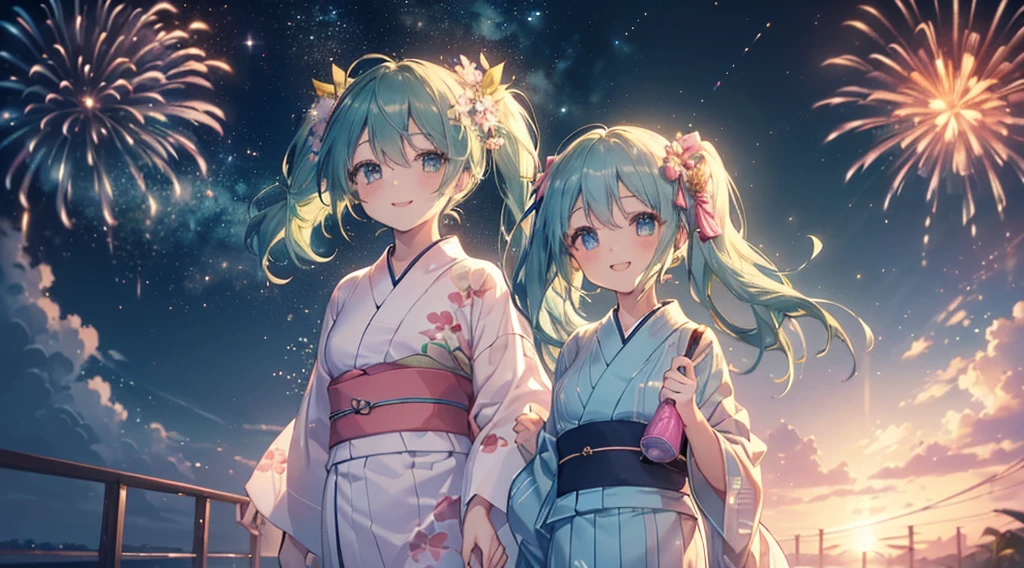 (((Highest quality、masterpiece、Ultra-fine、Ultra-fine、髪UP,Green Hair,Exquisite、16K、Look up,The best smile,Full HD、,Hatsune Miku,))),( ((summer,White casual clothes,)))Blue Eyes、Long eyelashes、White skin、(Pale pink lips、Pale pink cheeks、thin and long)、 (((Cute Yukata,The best smile)), ((One person)) 、(blue sky)) 、 (Walking in a yukata at dusk, the moment fireworks bloom in the night sky)、