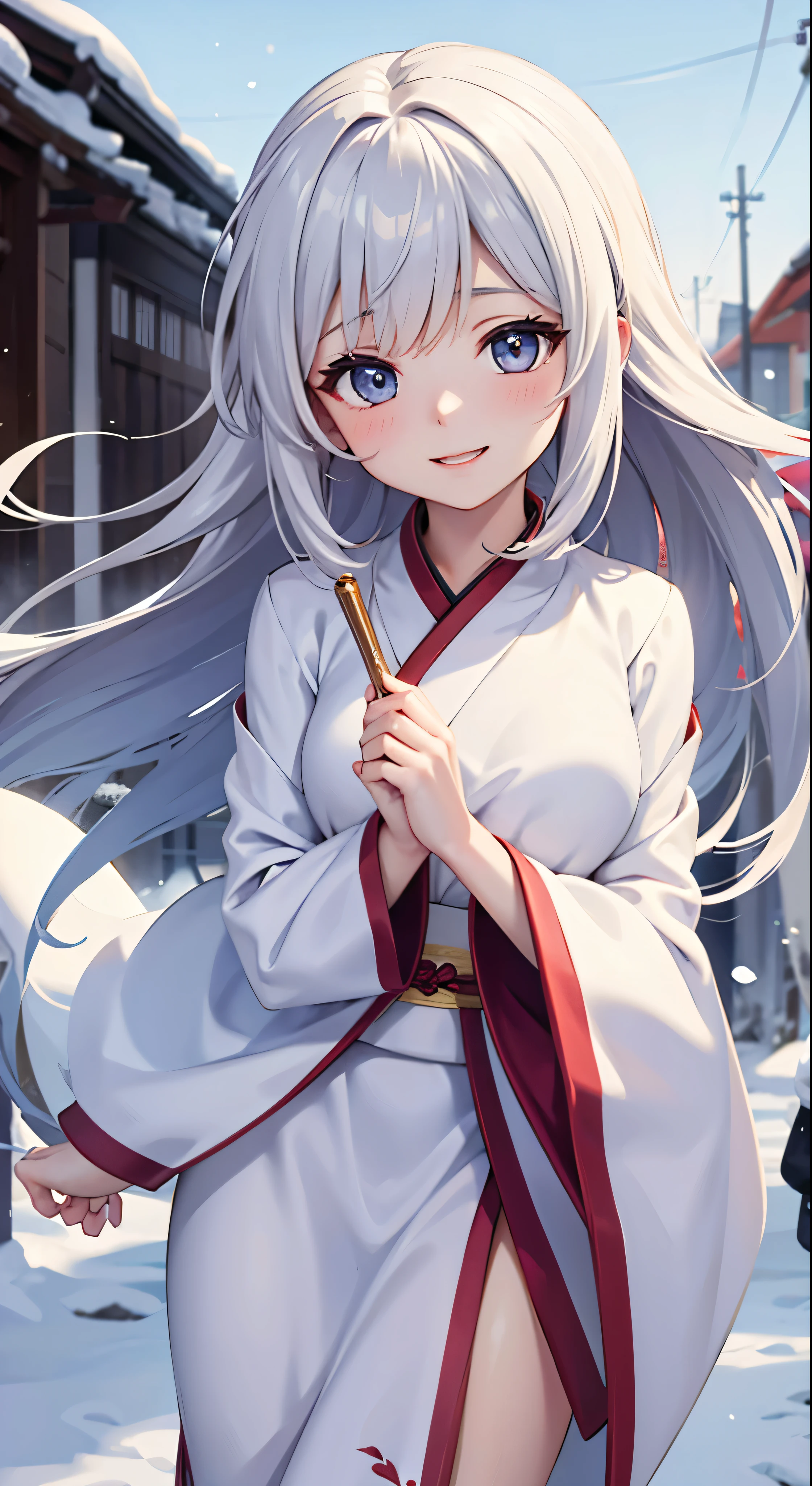 Best quality, 4K picture quality, 1girl, white Hanfu, snow, long hair fluttering in the wind, healing smile, large aperture, blurred background