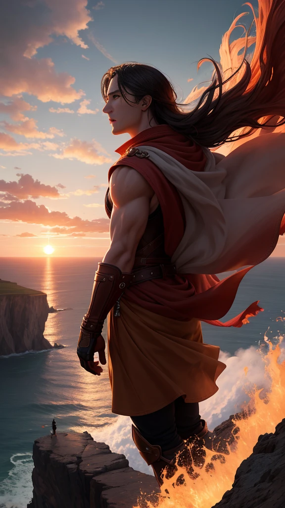 Realistic, personality: [Create a powerful scene of the Aries character standing on a cliff edge, fists raised in triumph against a dramatic sunset sky. Capture a sense of victory and exhilaration on their face, surrounded by swirling winds to suggest the powerful spirit of Aries. The landscape below should reflect a journey undertaken, filled with both struggles and achievements]
