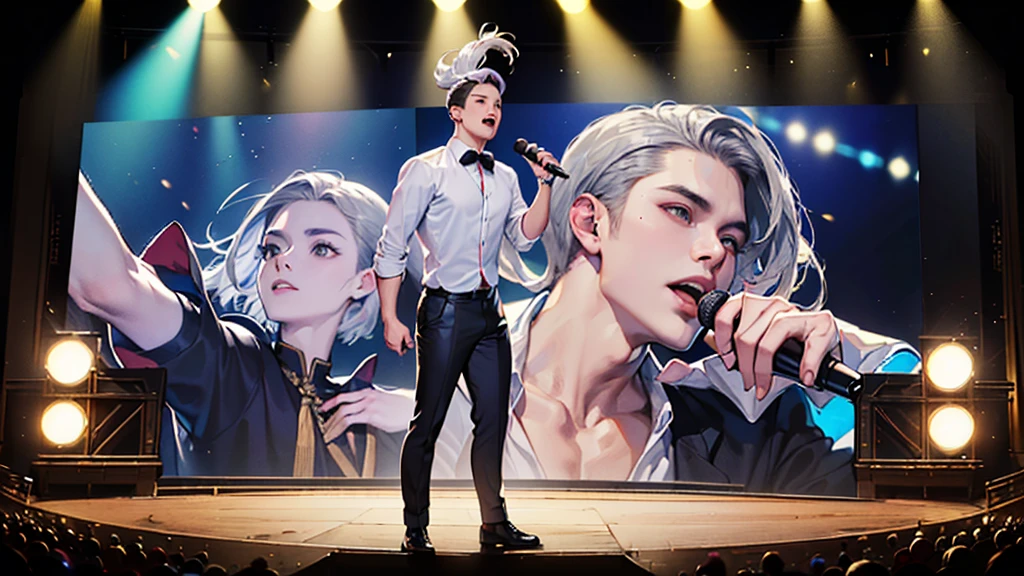 ((Highest quality,masterpiece,Extremely sophisticated details,long distance whole body view,A handsome Korean-style man with short silver hair sings on the concert stage,The spotlight shines on you,Wearing a boss's formal short black suit without tie and high collar,singer)),Extremely mature and handsome,Super domineering handsome guy,Small silver jewelry decoration,Gorgeous stage background