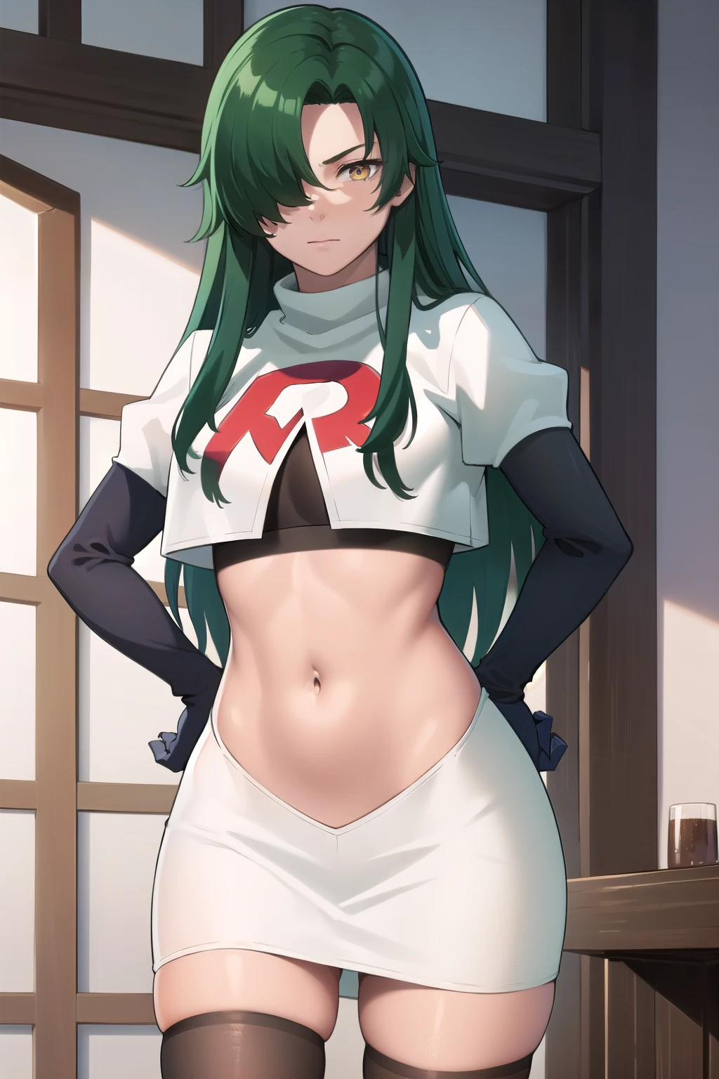 photorealistic, (4k), depth of field, (Masterpiece), (realistic skin texture), extremely detailed, intricate, hyper detailed, professional photography, bokeh, high resolution, sharp detail, best quality, woman, long hair, green hair, yellow eyes, hair covering one eye, team rocket,team rocket uniform,white skirt,red letter R,crop top,black thigh-highs,black elbow gloves, muscular female,