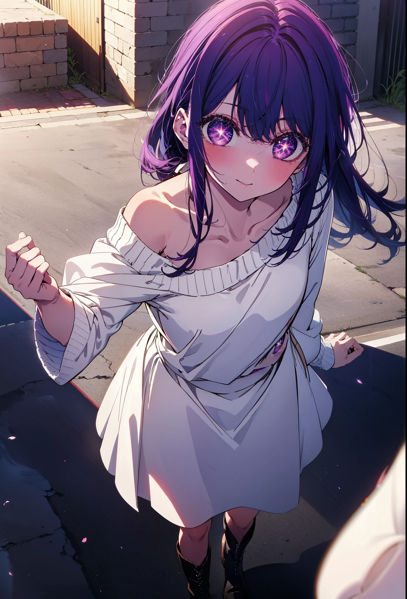 aihoshino, Ai Hoshino, Long Hair, bangs, (Purple eyes:1.1), Purple Hair, (Symbol-shaped pupil:1.5), smile,blush,Open your mouth,One-shoulder sweater,Long skirt,short boots,Walking,Daytime,Clear skies,whole bodyがイラストに入るように,
break outdoors, Building district,
break looking at viewer, whole body,
break (masterpiece:1.2), Highest quality, High resolution, unity 8k wallpaper, (figure:0.8), (Beautiful attention to detail:1.6), Highly detailed face, Perfect lighting, Highly detailed CG, (Perfect hands, Perfect Anatomy),
