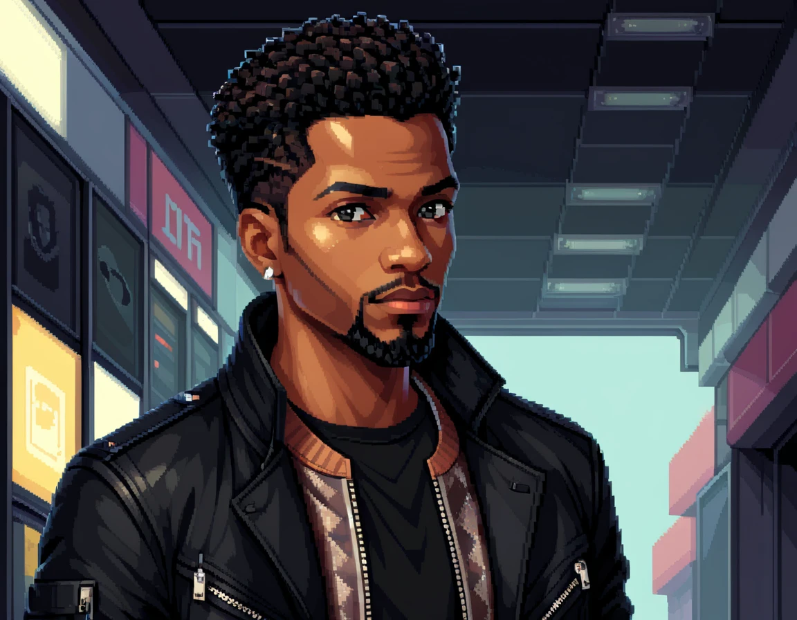 A stylish black man in pixel art form, with a penetrating gaze and expressive eyes. He has sleek, modern hair styled in a fade. He's wearing fashionable clothes in neutral colors, such as a trendy jacket over a chic top and stylish pants, with details like zippers or patterns. He might be holding a cool accessory, like a small bag or a gadget, reflecting his stylish personality. The background should be simple and clean, with elements that refer to the Pixel Art universe, such as small pixel stars or geometric shapes, to avoid distracting from the main character. The size should be suitable for a profile icon (ideally square), with good resolution to maintain clarity at different display sizes.