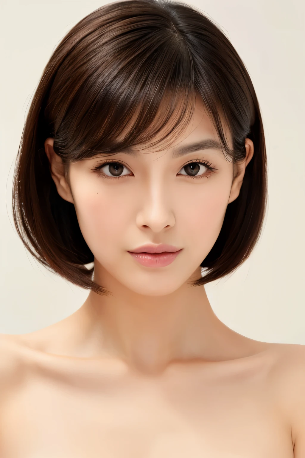 ((masterpiece, top quality, high definition)), 1 girl, (photorealistic: 1.4), solo, white background, snow-white background, mouth closed, happy smile, pretty black hair, short hair, big eyes, clear double eyelids, eyelashes, ears out, absolute area, ((face close-up)), (drawing all head, shoulders), 35 years old, Attractive proportions, glossy skin, clean collarbone, face in golden proportion, perfect face, teardrop mole, mole on chest, bangs, clean bangs, beautiful bangs, lip gloss, thin lips, pale skin, naked, small breasts, small face, head all drawn, shoulders all drawn, staring at the camera slightly upwards