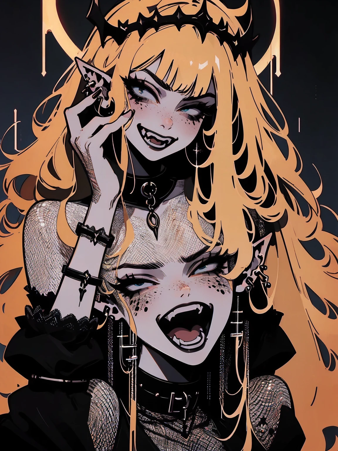 high détail, work of art, dramatic lighting(absurderes, high resolution, ultra detaild), extremely detailed 8k CG unit. mature face, adult Woman, Woman, mature Woman, elf, piercings, Short Wavy Black Hair and Bangs, (black hair), fangs, freckles, yellow eyes, modest black clothes, mad expression, whole body, backwards, looking back