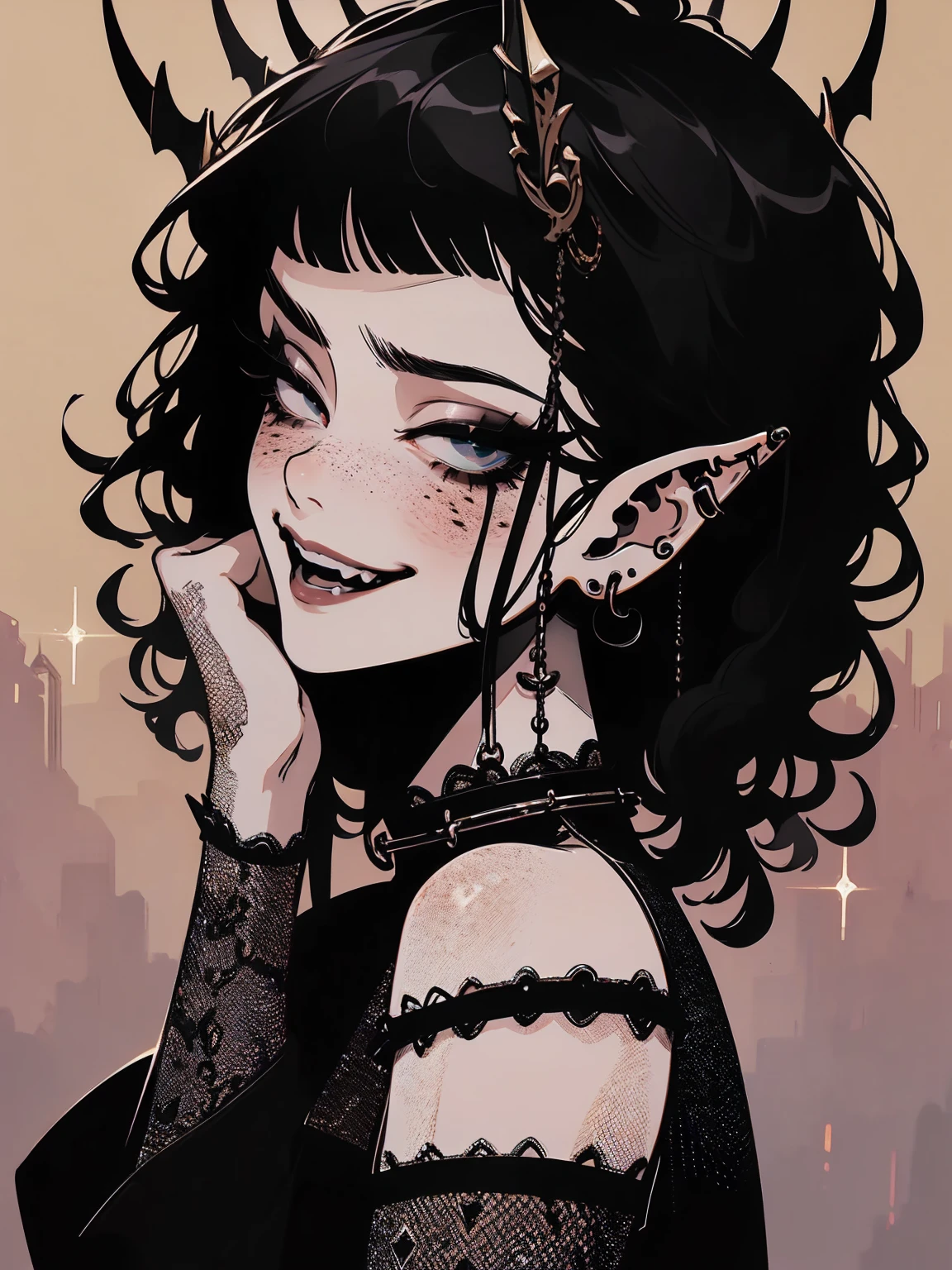 high détail, work of art, dramatic lighting(absurderes, high resolution, ultra detaild), extremely detailed 8k CG unit. mature face, adult Woman, Woman, mature Woman, elf, piercings, Short Wavy Black Hair and Bangs, (black hair), fangs, yellow eyes, modest black clothes, mad expression, whole body, sitting on the ground