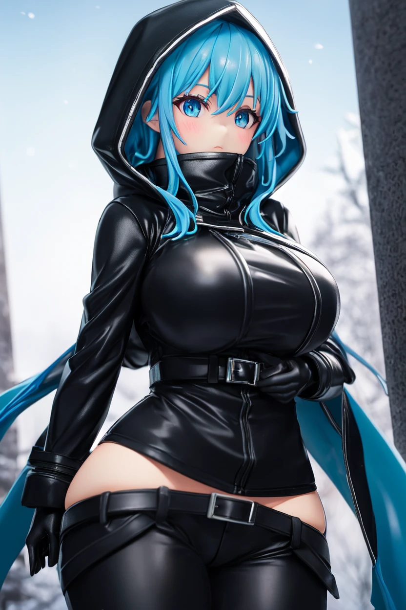esdeath, long hair, hat, peaked cap, military, uniform, military uniform, choker, thighhighs, boots, thigh boots, chest tattoo(Beautiful detailed breasts),(Huge breasts), (((sexy pose, model pose, standing pose)))bra,forest,trees, montain,snow,
