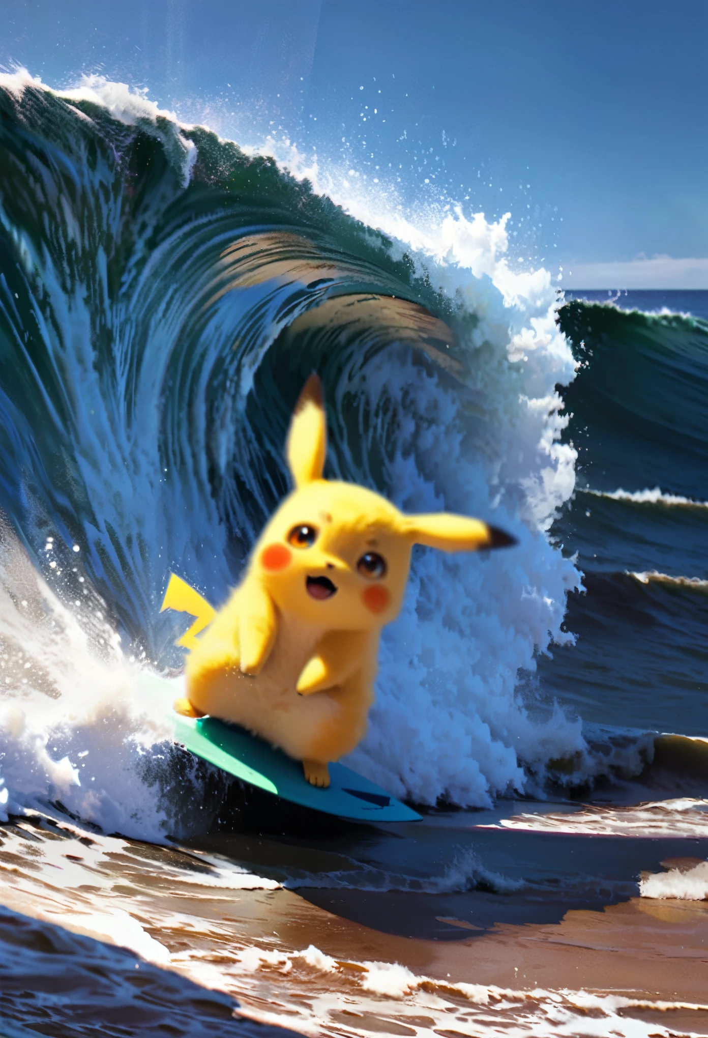 (Surfing Pikachu:1.3),quality\(8k,wallpaper of extremely detailed CG unit, ​masterpiece,hight resolution,top-quality,top-quality real texture skin,hyper realisitic,increase the resolution,RAW photos,best qualtiy,highly detailed,the wallpaper,cinematic lighting,ray trace,golden ratio\), BREAK ,solo, 1boy\(Pikachu\(Pokémon, nintendo\),joy\) (surfing:1.5), BREAK ,background\((big wave\(rolling,beautiful,clear,(motion blur:0.5)\):1.5),beautiful sea\(whitecaps\),clean ocean,beautiful coral, beautiful fish,beautiful sky,beautiful sunlight,reflections,water splash,you can see the wind browing,\),(dynamic angle:1.4),anime style,(from above),(close-up of pikachu:1.2)