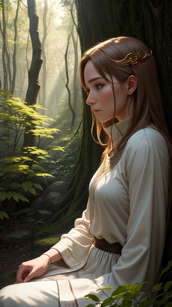 Realistic, personality: [Depict a serene moment of introspection where the Aries character sits alone in a wooded area, looking contemplative. Their expression should show a blend of strength and vulnerability, as they reflect on their journey and growth. The background should be symbolic of peace, with sunlight filtering through the trees, contrasting their fierce exterior]