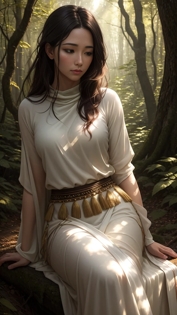 Realistic, personality: [Depict a serene moment of introspection where the Aries character sits alone in a wooded area, looking contemplative. Their expression should show a blend of strength and vulnerability, as they reflect on their journey and growth. The background should be symbolic of peace, with sunlight filtering through the trees, contrasting their fierce exterior]