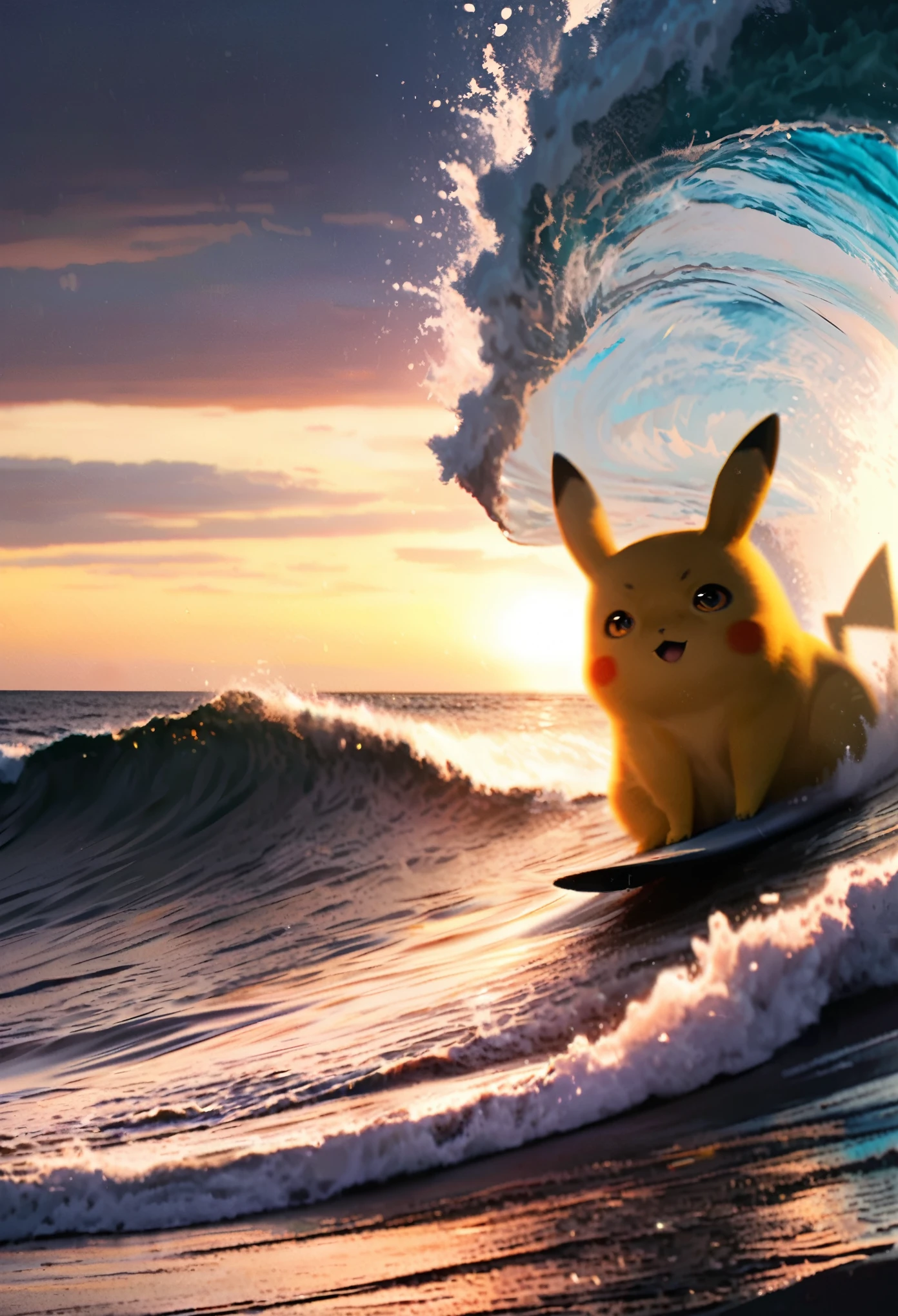 (Surfing Pikachu:1.3),quality\(8k,wallpaper of extremely detailed CG unit, ​masterpiece,hight resolution,top-quality,top-quality real texture skin,hyper realisitic,increase the resolution,RAW photos,best qualtiy,highly detailed,the wallpaper,cinematic lighting,ray trace,golden ratio\), BREAK ,solo, 1boy\(Pikachu\(Pokémon, nintendo\)\) (surfing:1.5), BREAK ,background\((big wave\(rolling,beautiful,clear,(motion blur:0.5)\):1.5),beautiful sea\(whitecaps\),clean ocean,beautiful coral, beautiful fish,beautiful sky,beautiful sunlight,reflections,golden hour,water splash,you can see the wind browing,\),(dynamic angle:1.4),anime style,from above,close-up of pikachu