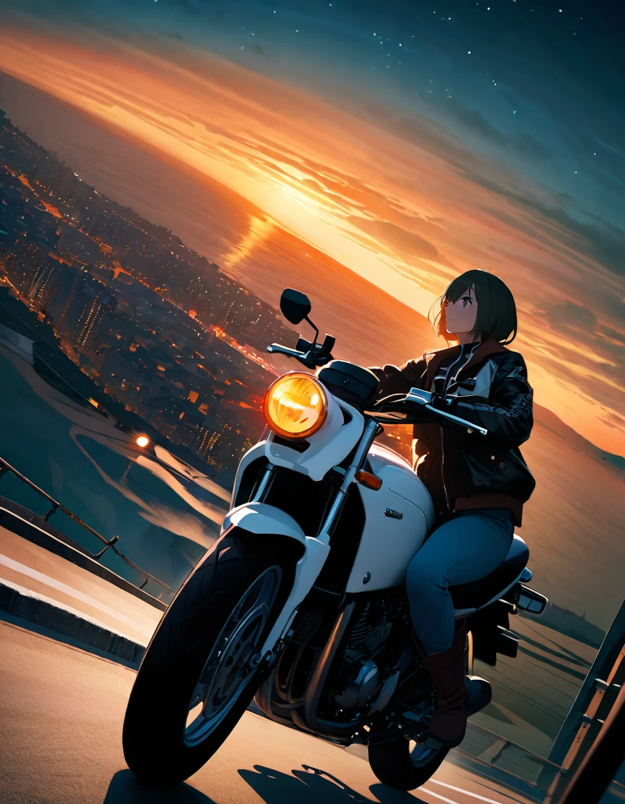 Woman on a motorcycle, coastline,Pastel cityscape, Orange sky, Riders jacket,Denim pants,boots,White Motorcycle, Starry Sky, From below, Wide-angle lens, Cinema Lighting, vague, Ultra Wide Angle, Highest quality, 8k