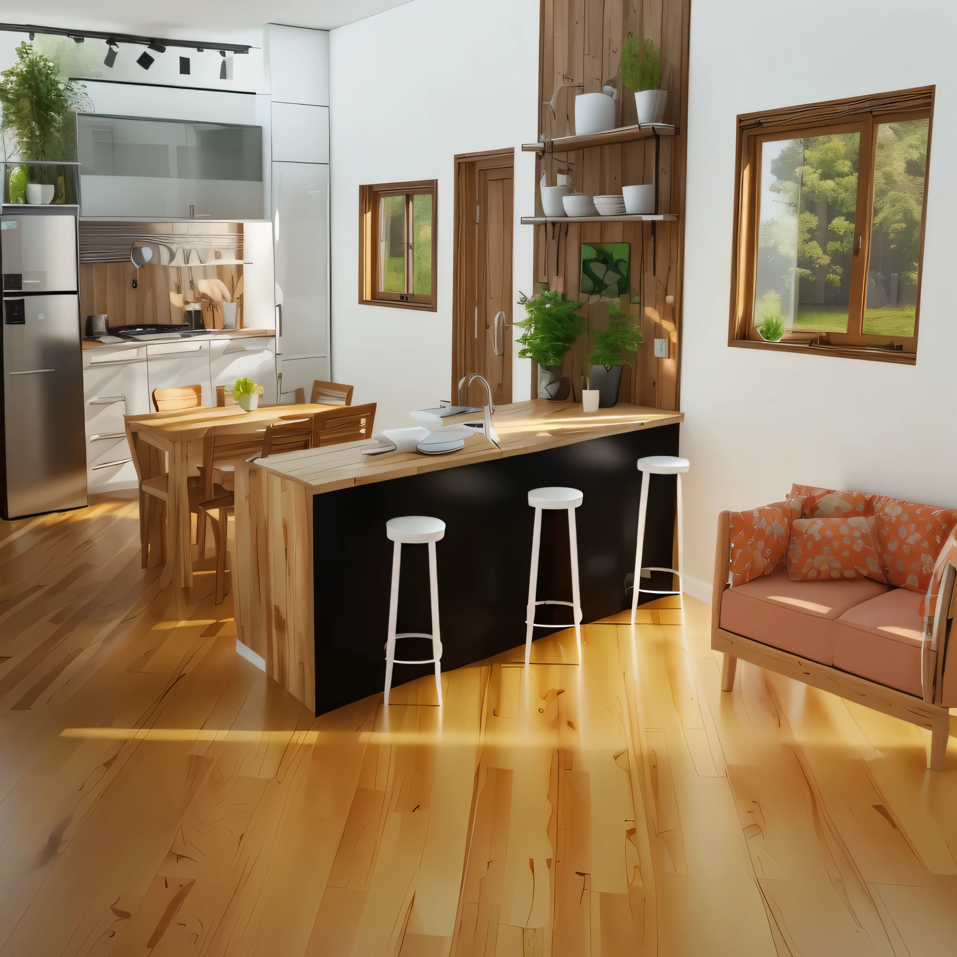 kitchen, sofá, wooden floor, windows, counter, refrigerator, table, rendered in lumion pro, luminous renderinging, luminous rendering, rendered in lumion, there is a kitchen with a table and chairs in it, kitchen, eclectic concept, kitchen, modern rustic, architechture, Interior design, render, kitchenette and conferenceroom, house interior, concept house, furniture concept photo!!, minimal kitchen, open plan, mixed materials, photoralistic rendering, powder Nándor Katona, 3D rendering, 3D rendering