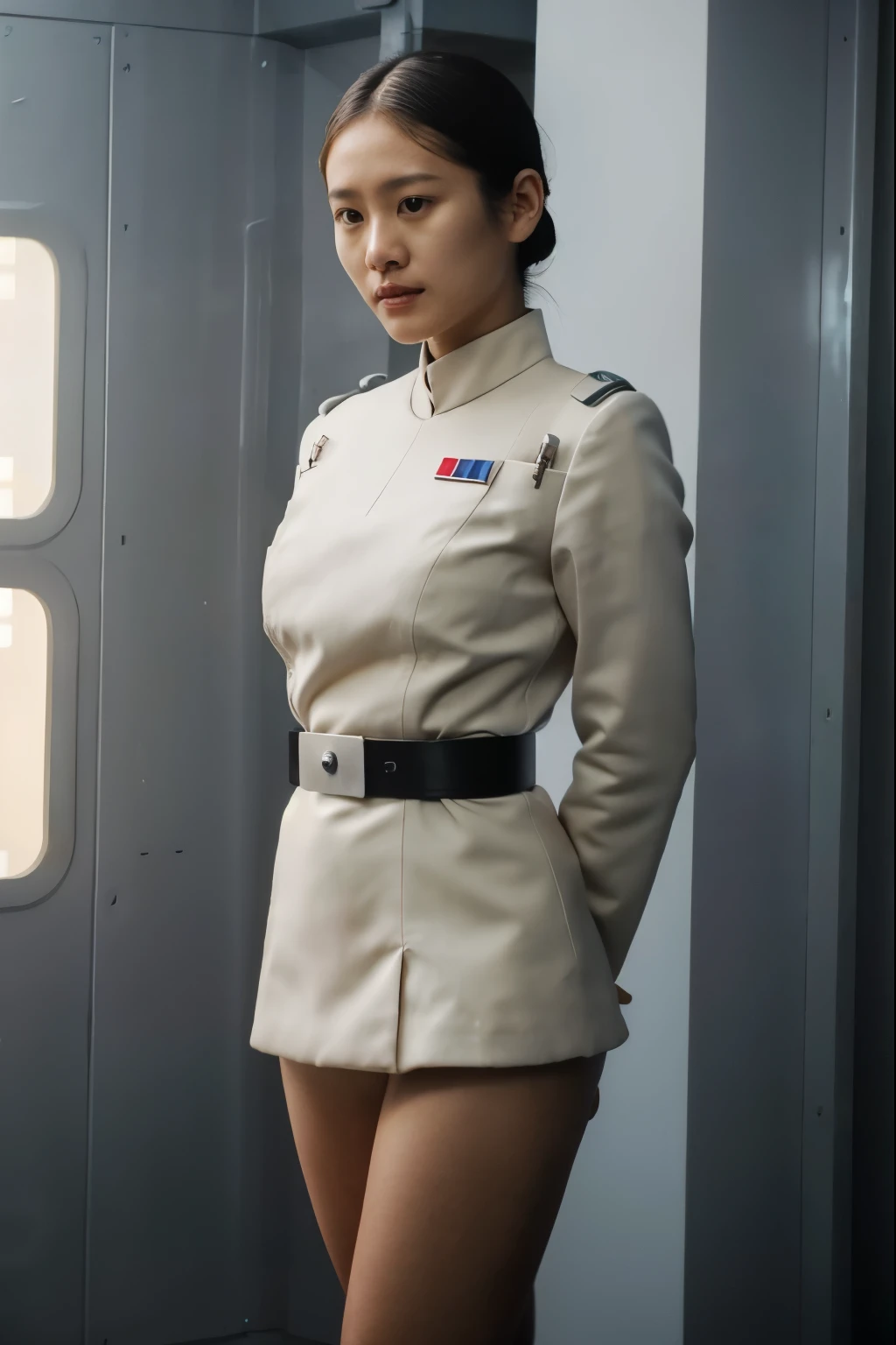 fashion photography of a  shy 25 year old  Japanese woman wearing a revealing white imperialofficer uniform, sexy imperialofficer uniform, (underboob:1.1), nude legs, bare legs, yellow left sleeve,Zero-Gravity Training Facility, sexy pose, subsurface scattering, sharp focus (Flickering light:1.1), dlsr, ultra sharp, professional Photographer, subsurface scattering, film grain, very detailed skin texture, nsfw 