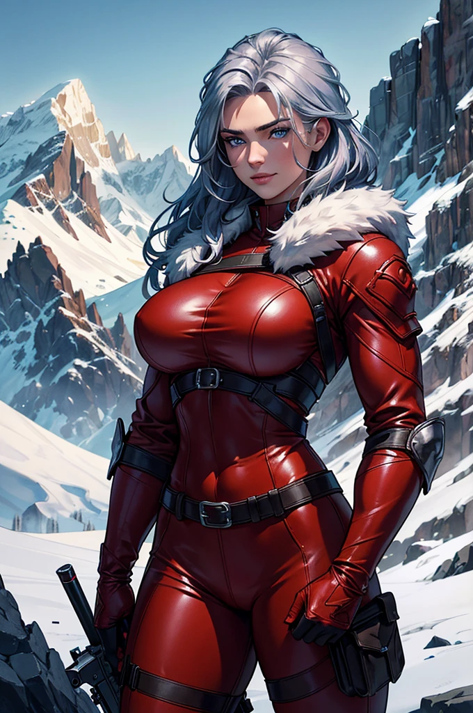 ((Full body photo, standing, feet on the floor)) full body Esbian, of the highest quality, Intricately detailed skins, Shiny skin, Shiny hair, pale complexion,Big breasts), Red sky, Continuous snow, Castle terrace, ((Skull Mark)), ambitious, Seductive Woman, Gray hair, Long hair, Hair fluttering in the wind, Skull mask on half of the face, Detailed tattoos, Red leather clothes, Red sleeveless clothes, Red leather coat, Black leather gloves, Solid Gold Bracelet, leather skirt red skirt, , small hat, (Leather Belt), Look far away