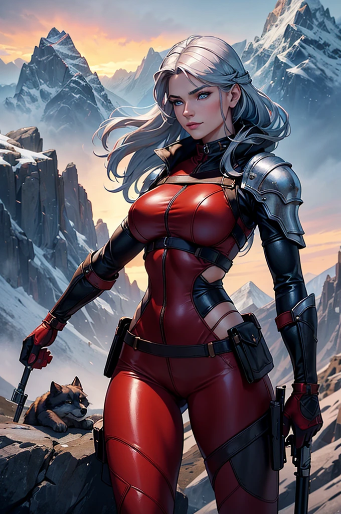 "An ultra-realistic 8k image of a young hunter in her early 20s with bright blue eyes and silver hair. She stands atop a steep mountain, dressed in a tight red leather outfit that highlights her sculpted body and large breasts. She holds a rifle in her hands, looking out at the viewer with a sensual expression and a slight smile, alongside her Siberian Husk dog. The scene is set against a dramatic mountain landscape, with the lighting highlighting the details of her clothing and the shine of her hair. The image is intended to be both realistic and striking, with a rich color palette and dramatic lighting to enhance the beauty and courage of the hunter."