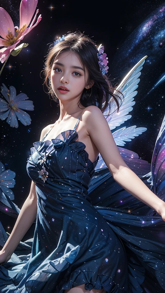 4k ultra hd, masterpiece, a girl, good face, detailed eyes, detailed lips, flower fairy girl, big wings, transparent wings, neon lights, (galaxy background:1.5), (flower dress:1.8), (indigo dress:1.5), in the heaven,