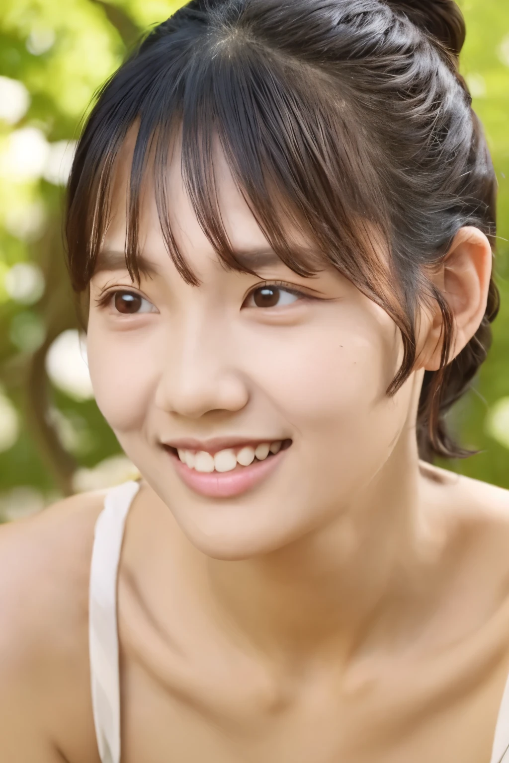 ((masterpiece, top quality, high definition)), 1 girl, (photorealistic: 1.4), solo, white background, snow-white background, mouth closed, happy smile, pretty black hair, short hair, big eyes, clear double eyelids, eyelashes, ears out, absolute area, ((face close-up)), (drawing all head, shoulders), 35 years old, Attractive proportions, glossy skin, clean collarbone, face in golden proportion, perfect face, teardrop mole, mole on chest, bangs, clean bangs, beautiful bangs, lip gloss, thin lips, pale skin, naked, small breasts, small face, head all drawn, shoulders all drawn, staring at the camera slightly upwards