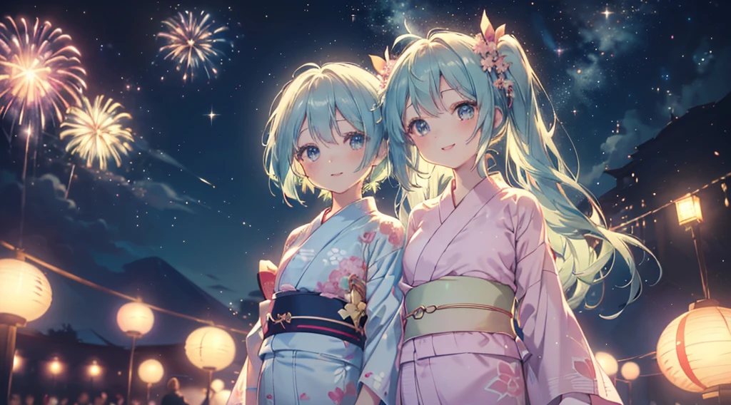 (((Highest quality、masterpiece、Ultra-fine、Ultra-fine、髪UP,Green Hair,Exquisite、16K、顔UP,Look up,The best smile,Full HD、,Hatsune Miku,))),( ((summer,One person,Cute Yukata,)))Blue Eyes、Long eyelashes、White skin、(Pale pink lips、Pale pink cheeks、thin and long)、 (((Cute Yukata,The best smile)), ((One person)) 、(blue sky)) 、 (Walking in a yukata at dusk, the moment fireworks bloom in the night sky)、