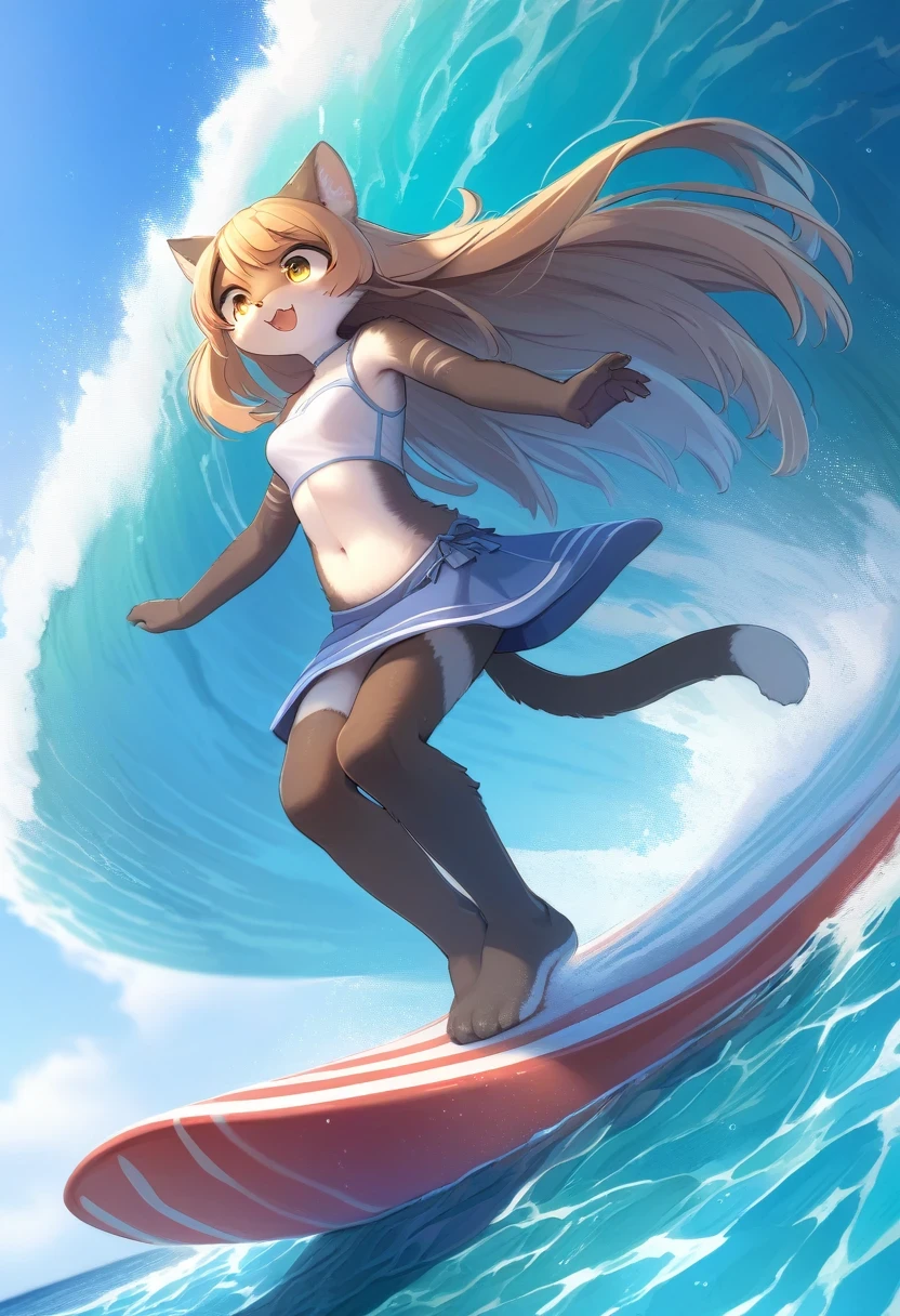 ((Masterpiece)), ((Best Quality)), (Very Detailed), ((Very Detailed)), 4K, (8K), very aesthetic, absurdres highres, 1 girl, (anthropomorphic cat, furry, kemono:1.5), girl surfing, riding a big wave, dynamic angle