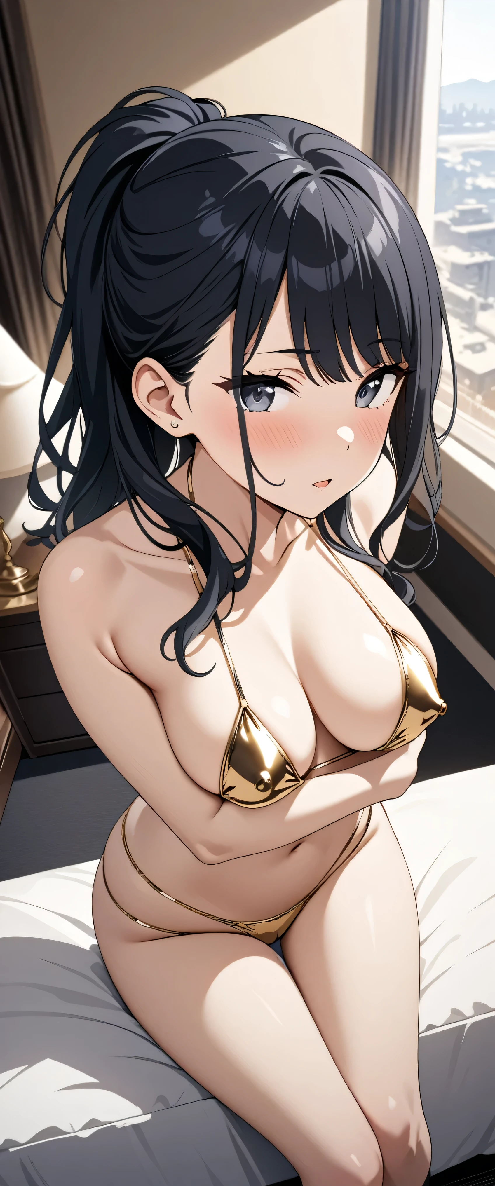 (masterpiece),(best quality),(ultra-detailed),(best illustration),(best shadow),(absurdres),(detailed   hotelroombackground),(very aesthetic),hiori kazano, ponytail, black hair, black eyes,,goldmetallic verymicrobikini ,covered nipple