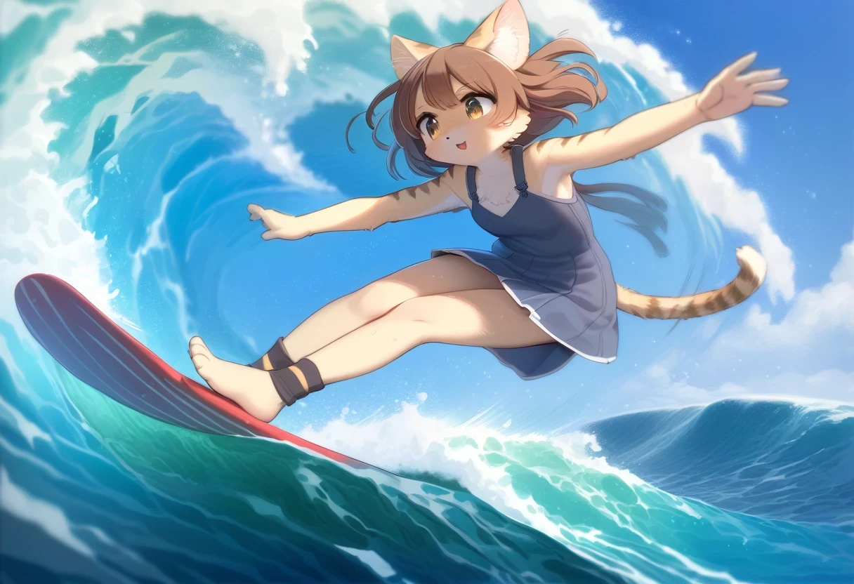 ((Masterpiece)), ((Best Quality)), (Very Detailed), ((Very Detailed)), 4K, (8K), very aesthetic, absurdres highres, 1 girl, (anthropomorphic cat, furry, kemono:1.5), girl surfing, riding a big wave, dynamic angle, (motion blur, motion line),