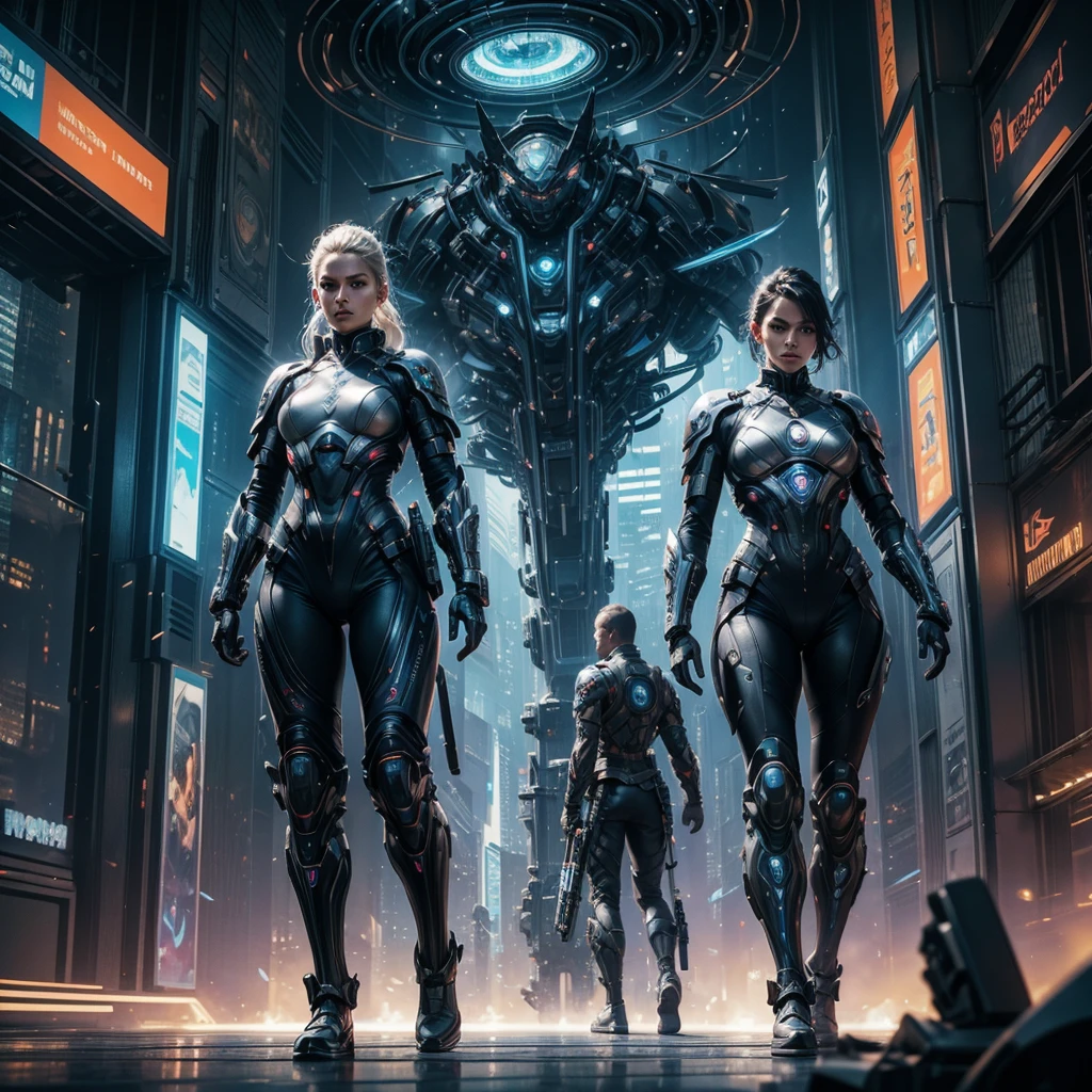 a futuristic warrior woman in the foreground with a thinking look in the background a futuristic city with holograms for advertisements, hyper-realistic, cinematic, 8k, ultra-detailed, masterpiece, intricate-details, foreground