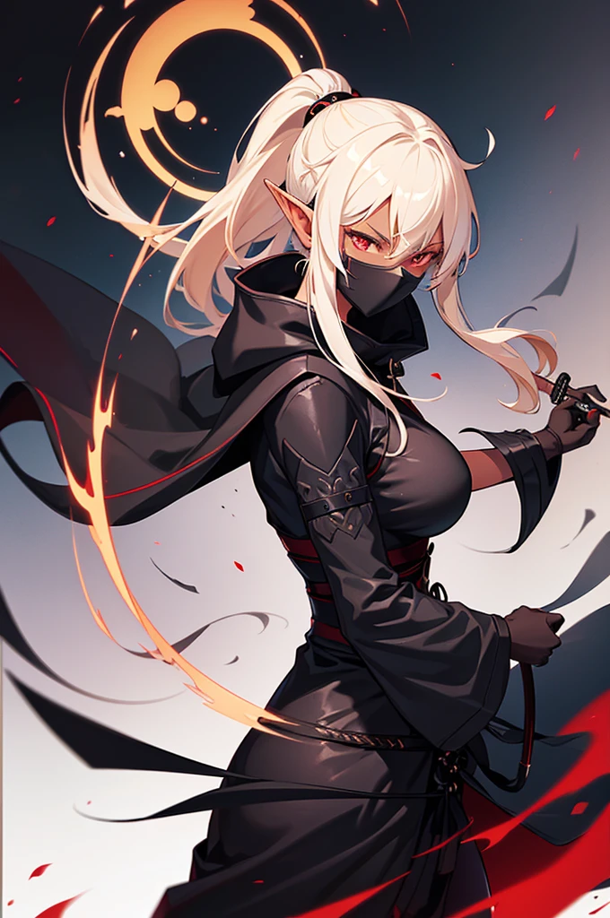 Beautiful images,Detailed Images,Official image,A woman wielding a Japanese sword,Blonde,Red Eyes,Ponytail Hair,Model body type,(Dark Skin:1.3),Elf Ears,Large Breasts,(Black ninja suit,Jet Black Cloak:1.3),